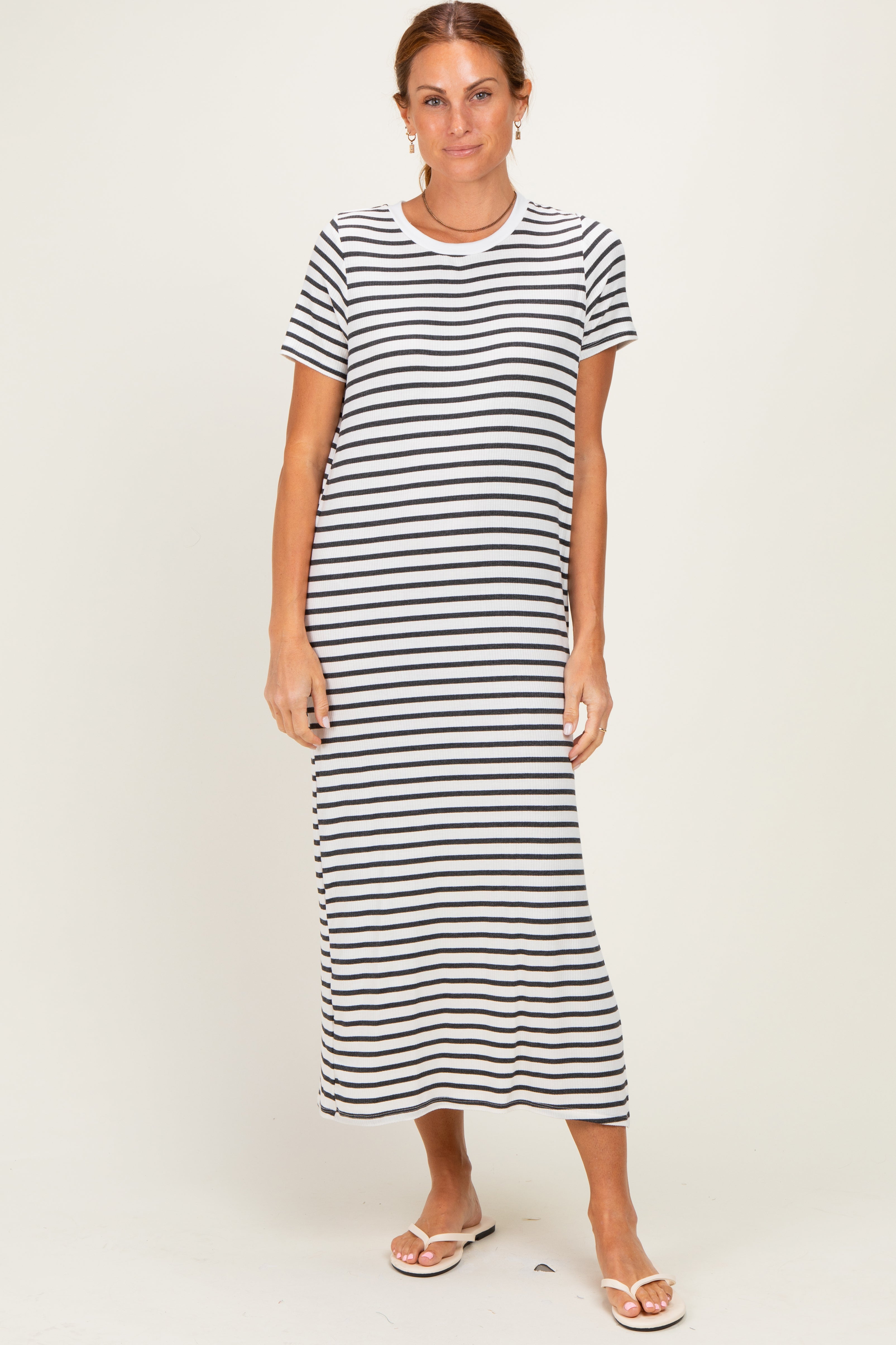 Charcoal/ Ivory Striped Short Sleeve Maternity Midi Dress