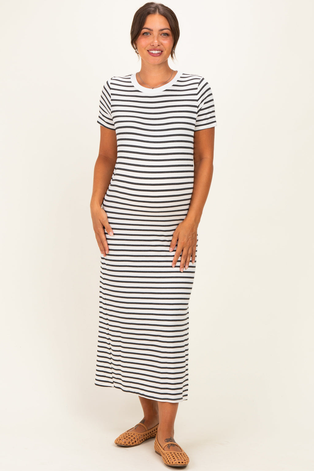 Charcoal/ Ivory Striped Short Sleeve Maternity Midi Dress