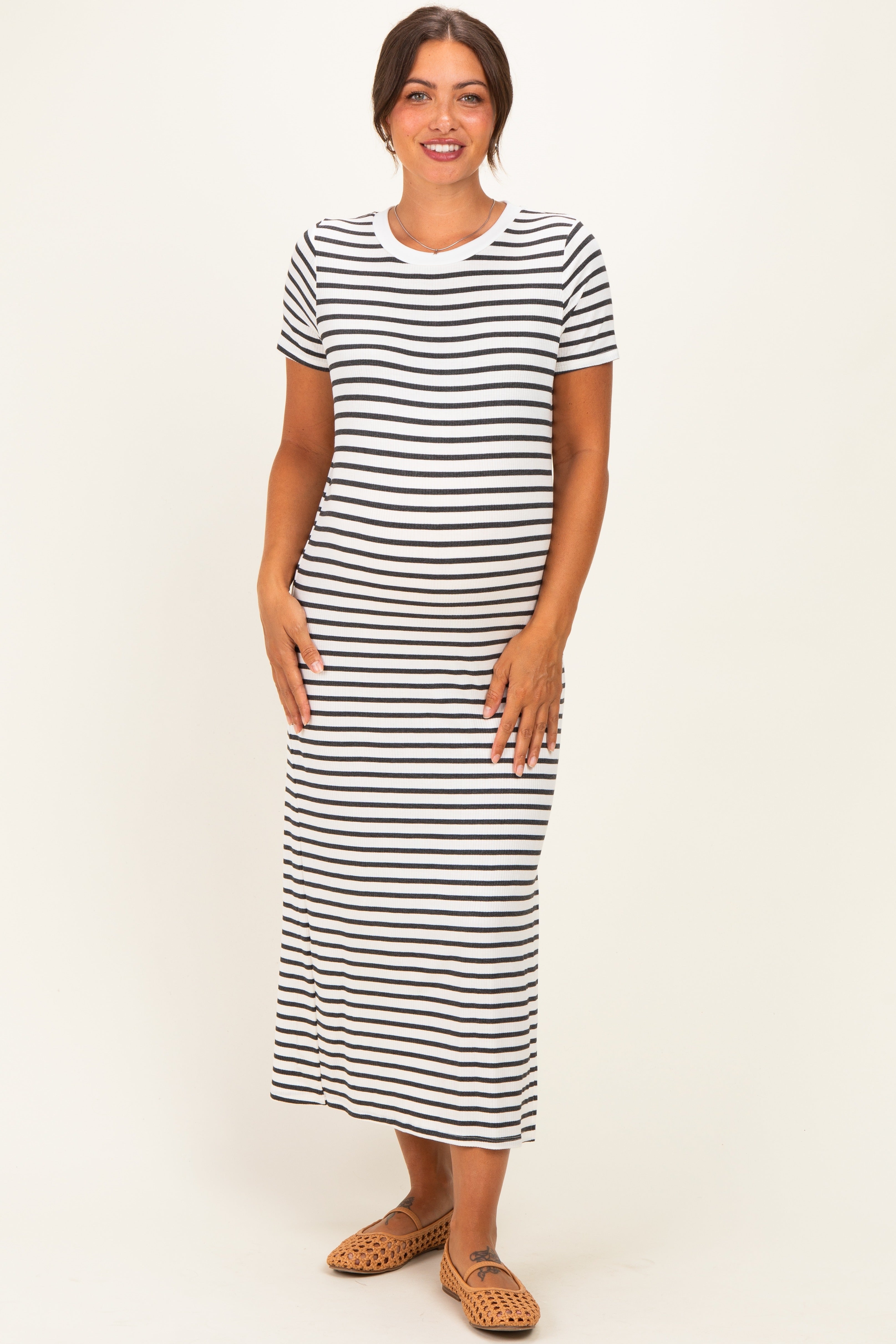 Charcoal/ Ivory Striped Short Sleeve Maternity Midi Dress