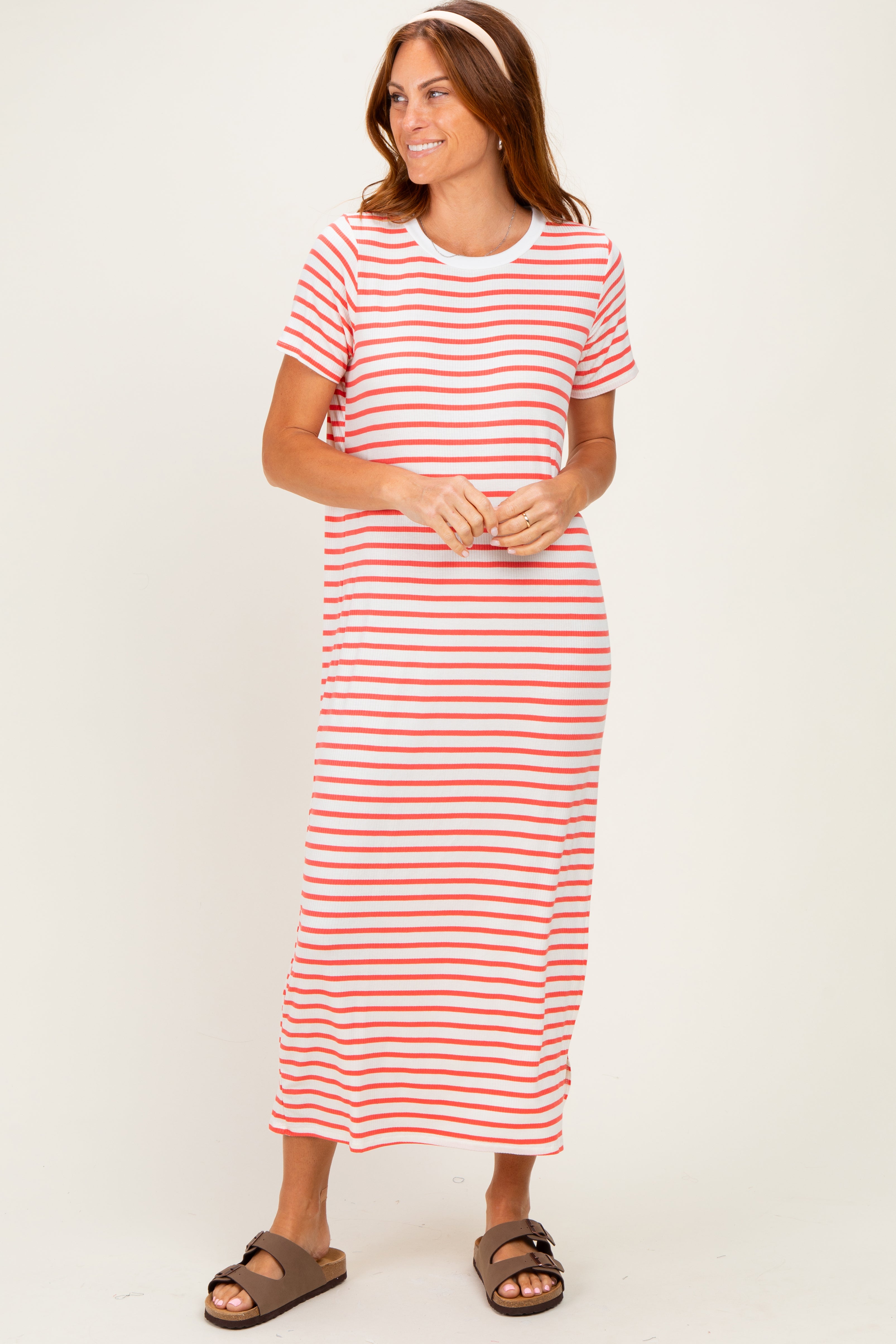 Coral/ Ivory Striped Short Sleeve Maternity Midi Dress