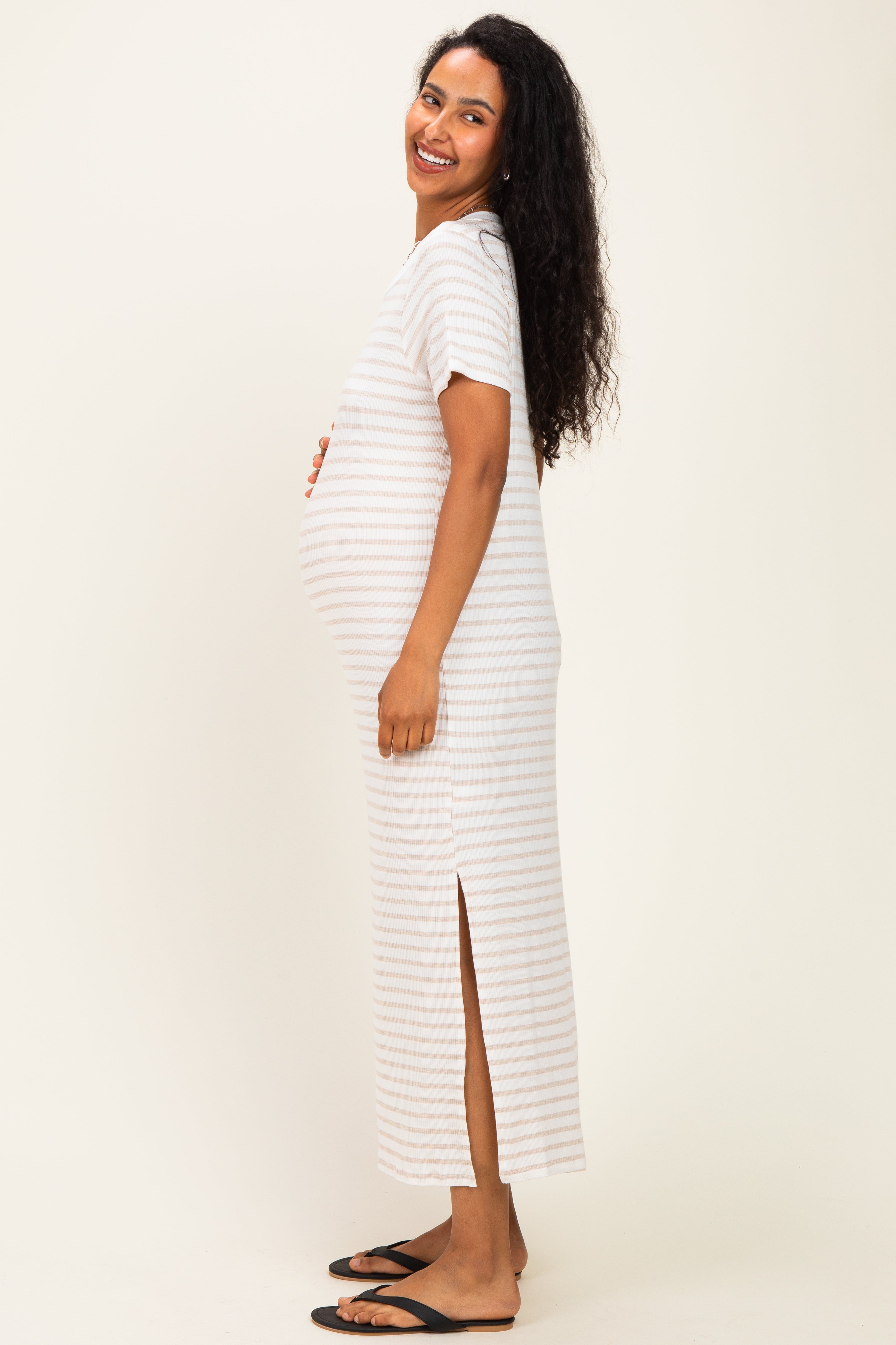 Oatmeal/ Ivory Striped Short Sleeve Maternity Midi Dress