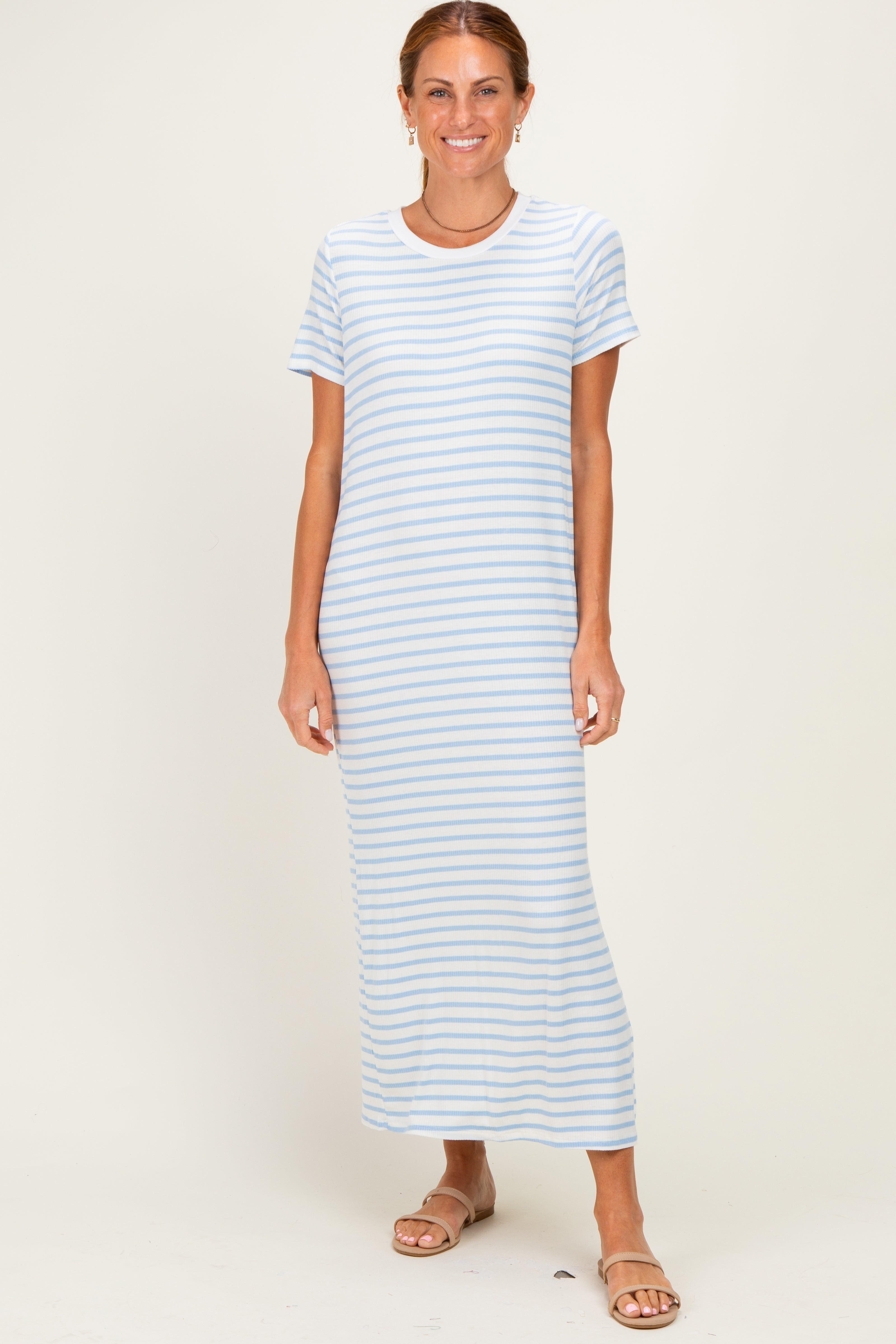 Light Blue/ Ivory Striped Short Sleeve Maternity Midi Dress