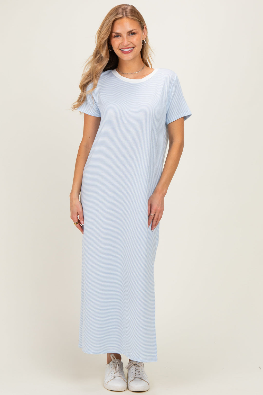Ivory/ Light Blue Striped Short Sleeve Maternity Maxi Dress