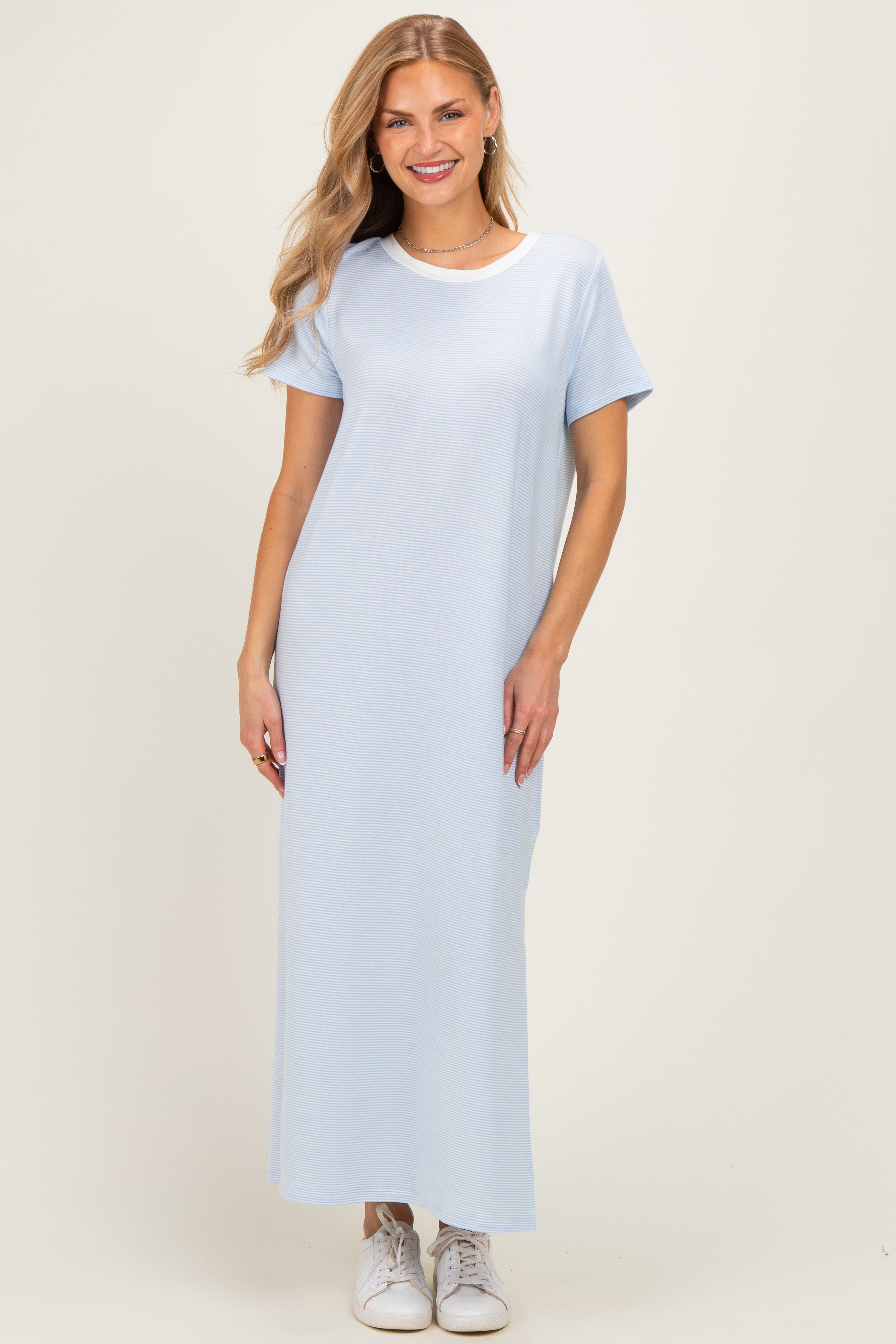 Ivory/ Light Blue Striped Short Sleeve Maternity Maxi Dress