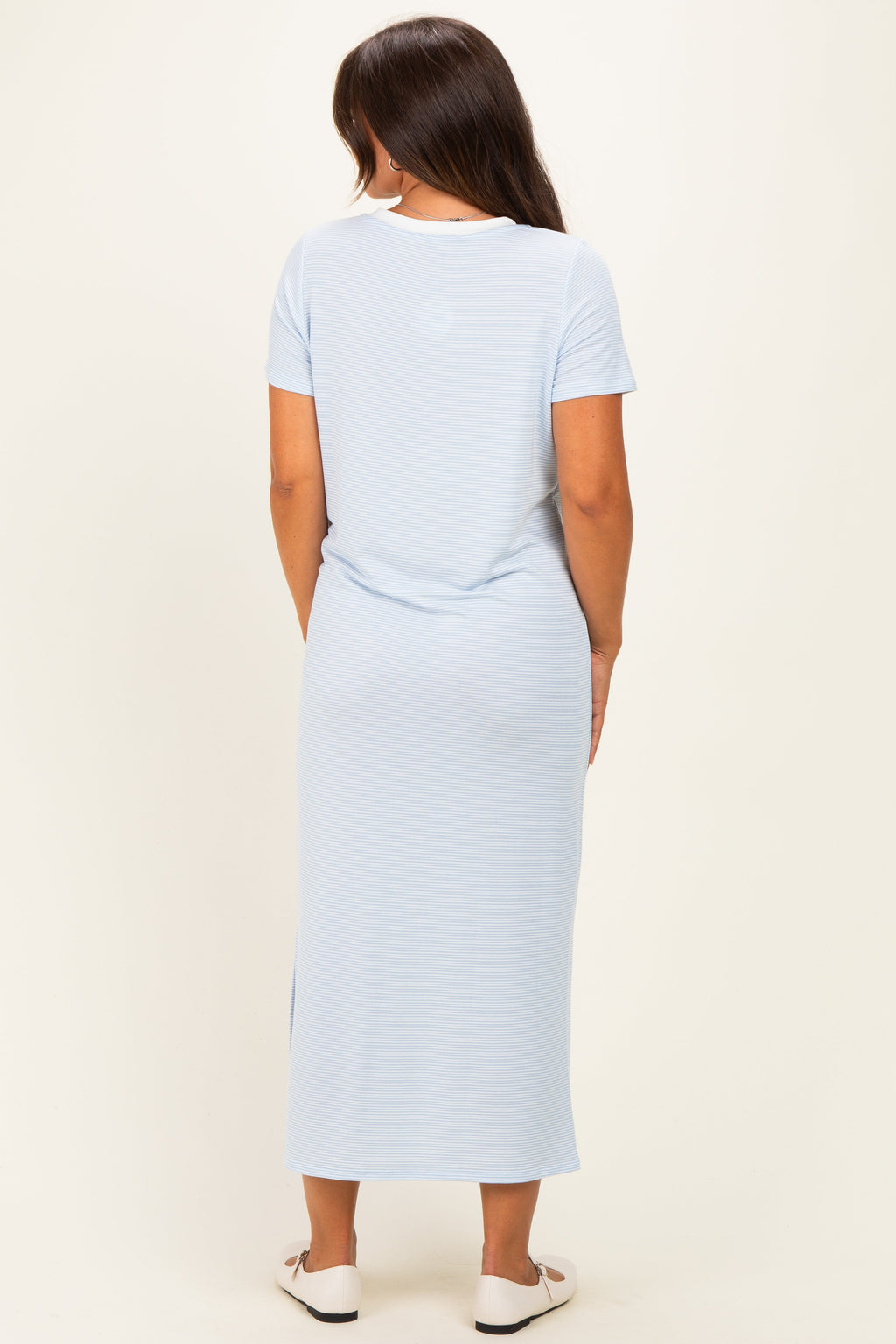 Ivory/ Light Blue Striped Short Sleeve Maternity Maxi Dress