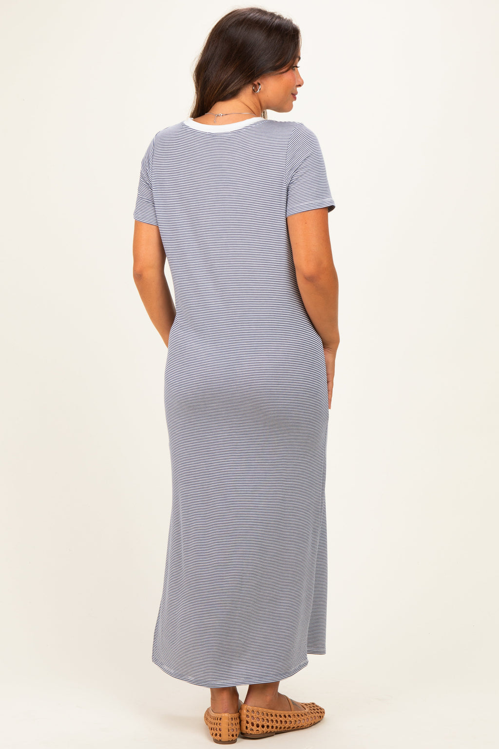Ivory/ Navy Striped Short Sleeve Maternity Maxi Dress
