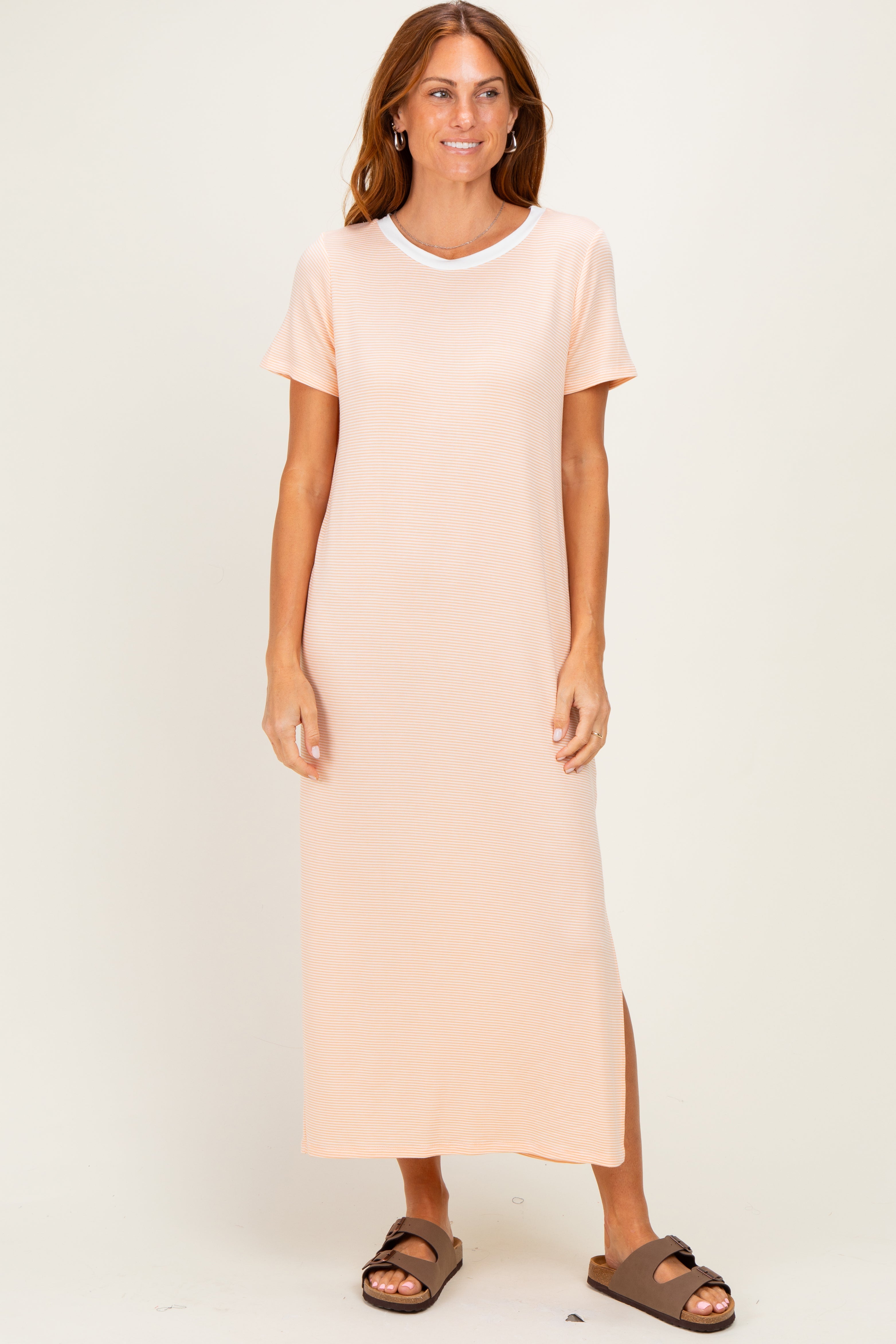 Ivory/ Salmon Striped Short Sleeve Maternity Maxi Dress