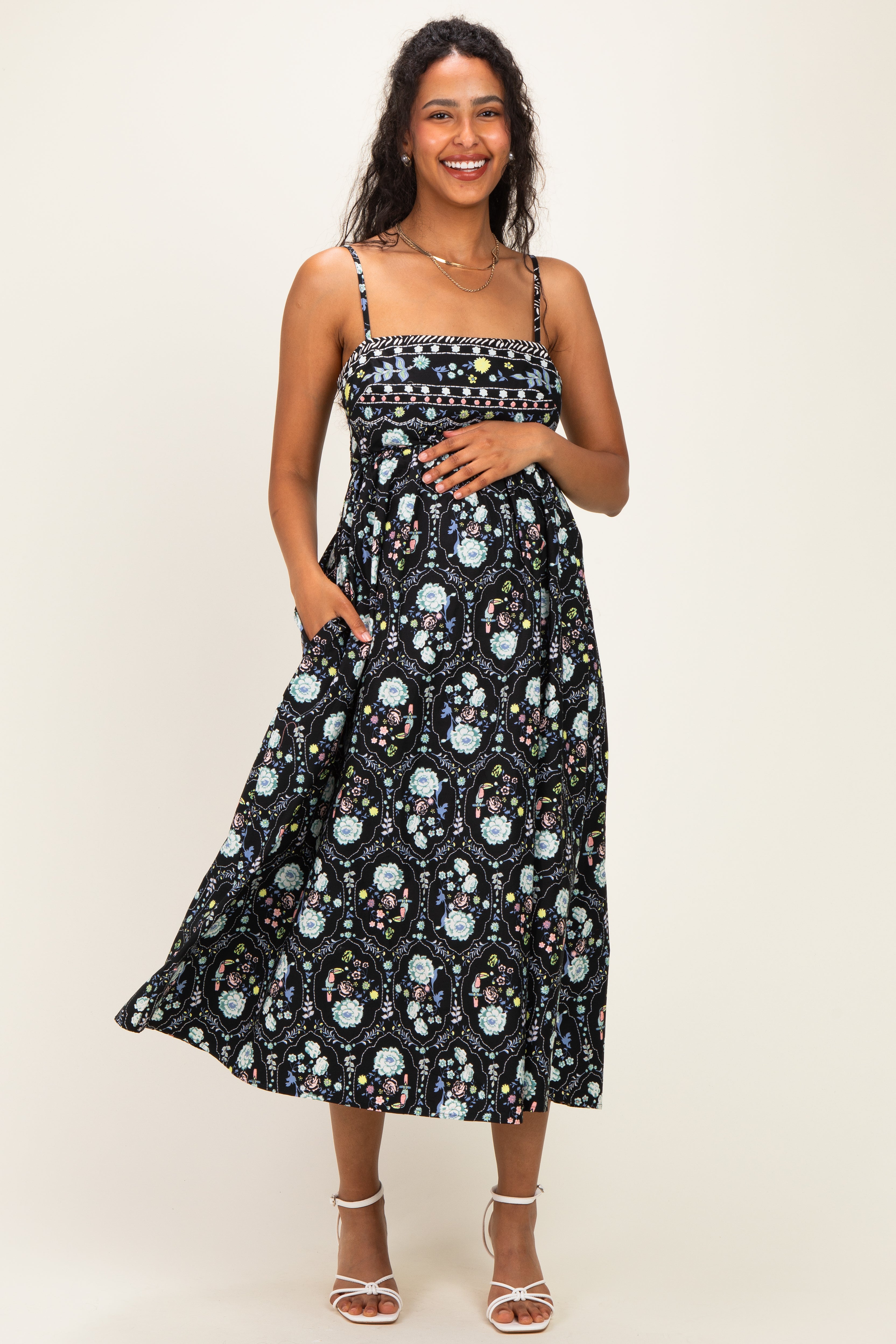 Black Floral Sleeveless Maternity Midi Dress
