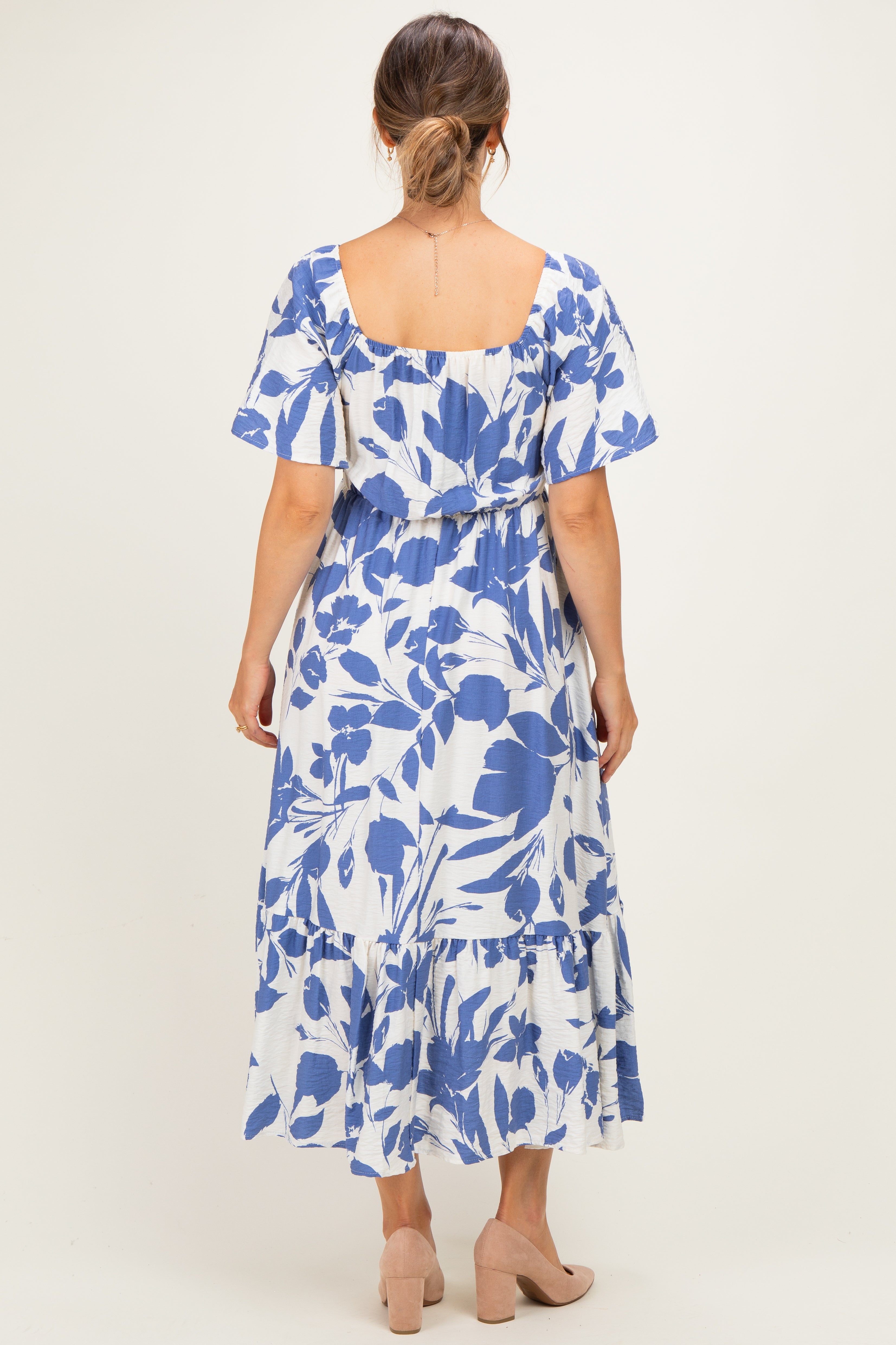 Blue Ivory Sweetheart Smocked Front Floral Maternity Maxi Dress
