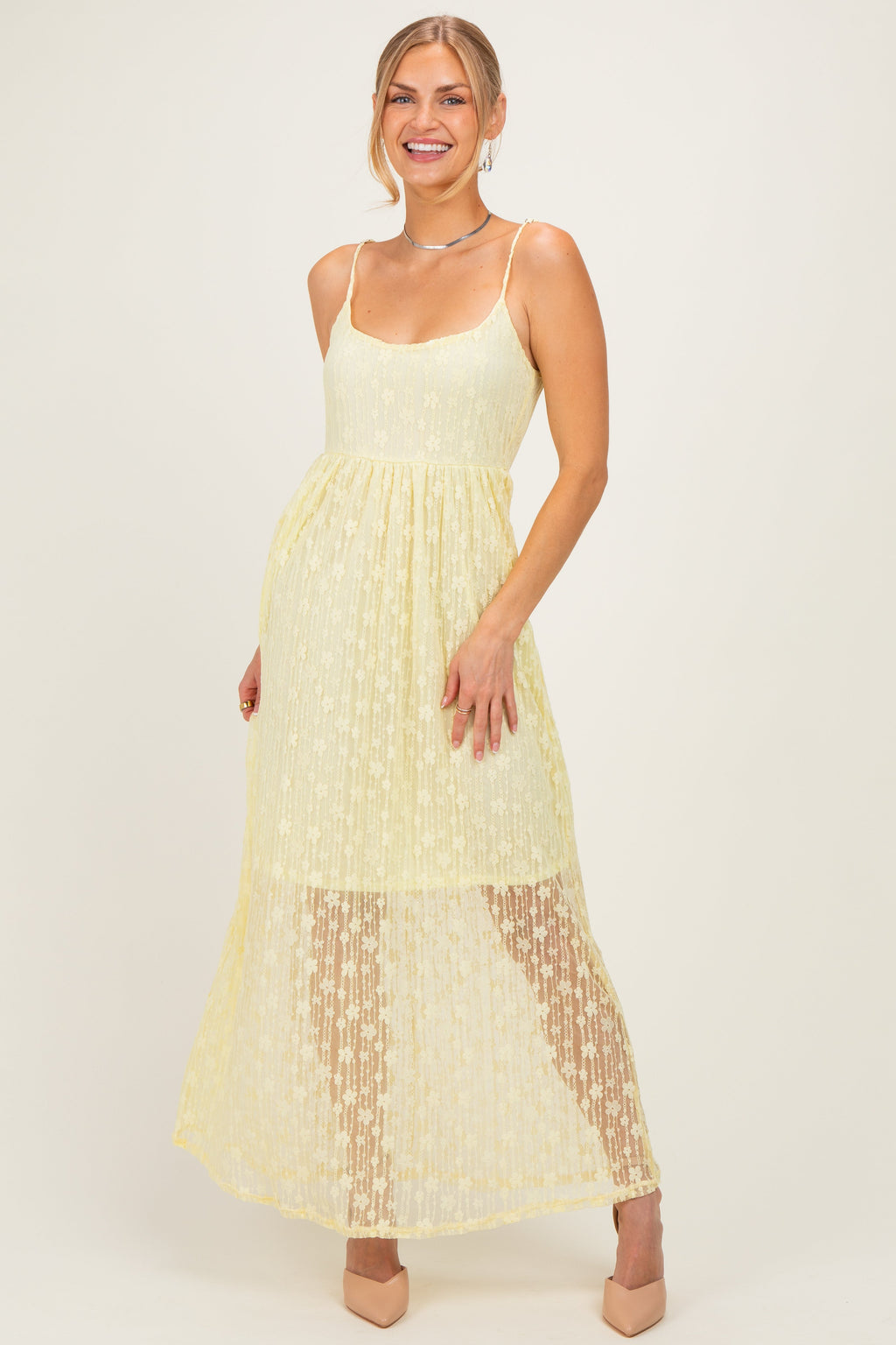 Yellow Sleeveless Lace Maternity Maxi Dress