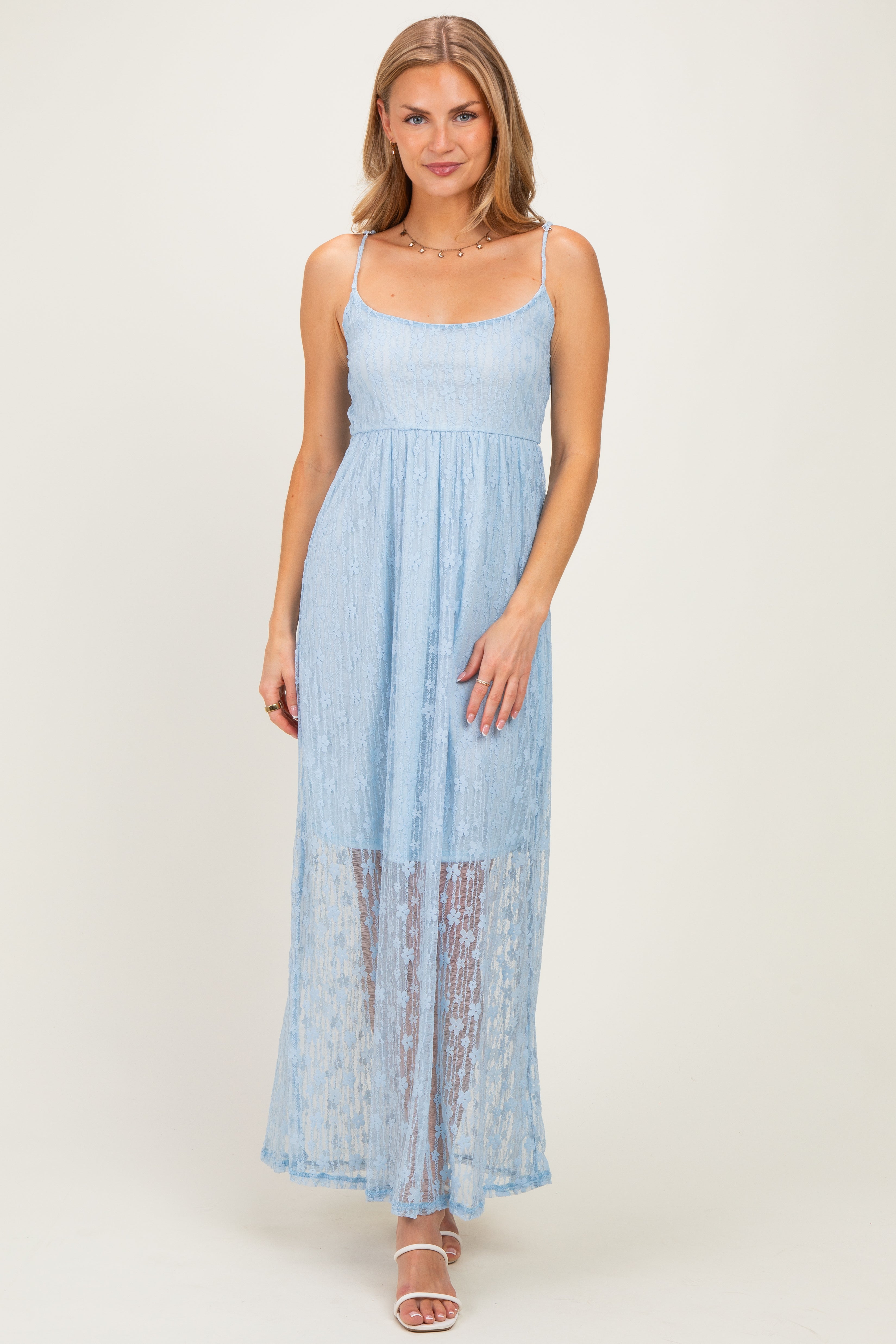 Light Blue Sleeveless Lace Maternity Maxi Dress
