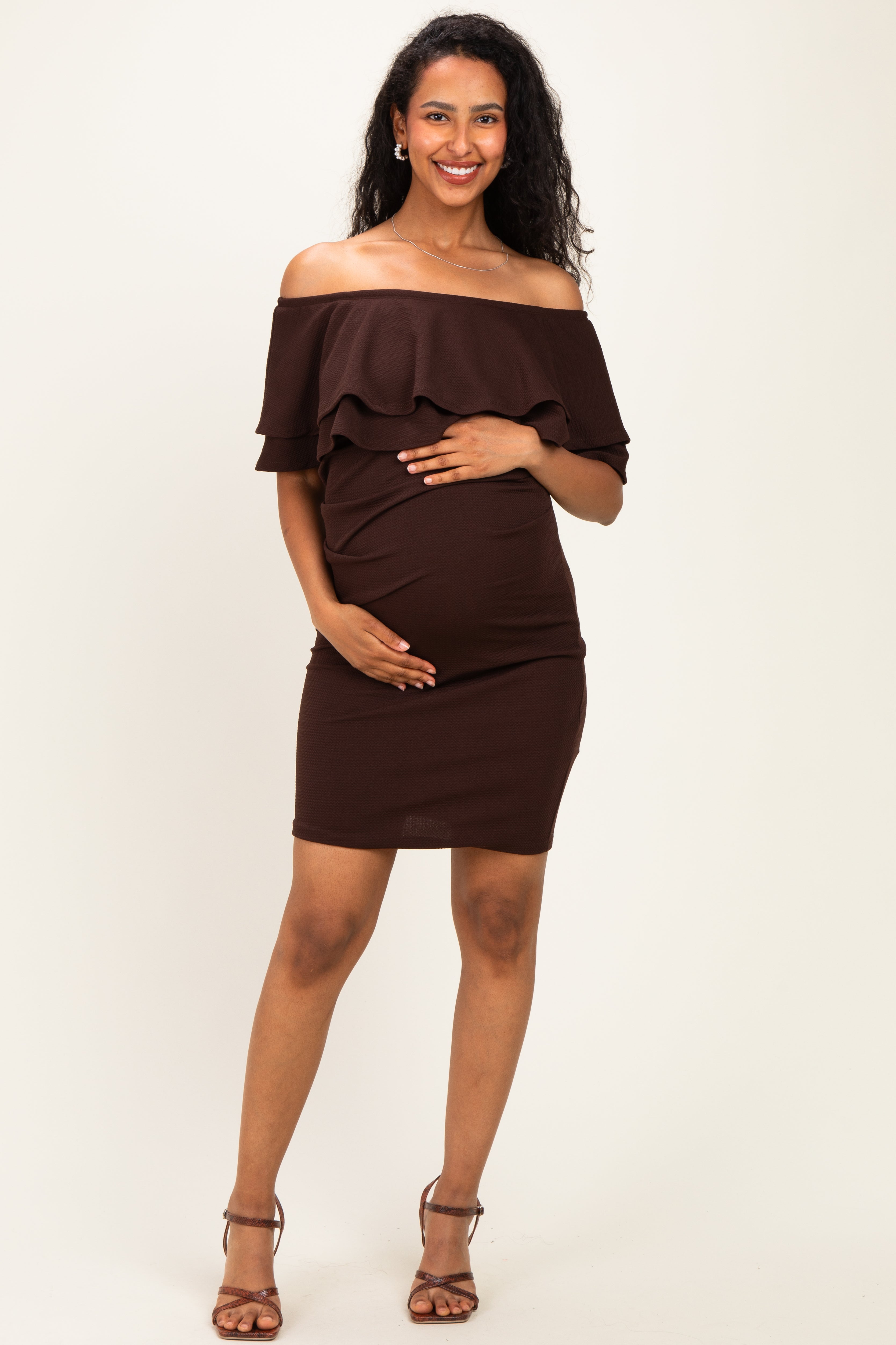 Brown Off Shoulder Ruched Maternity Dress