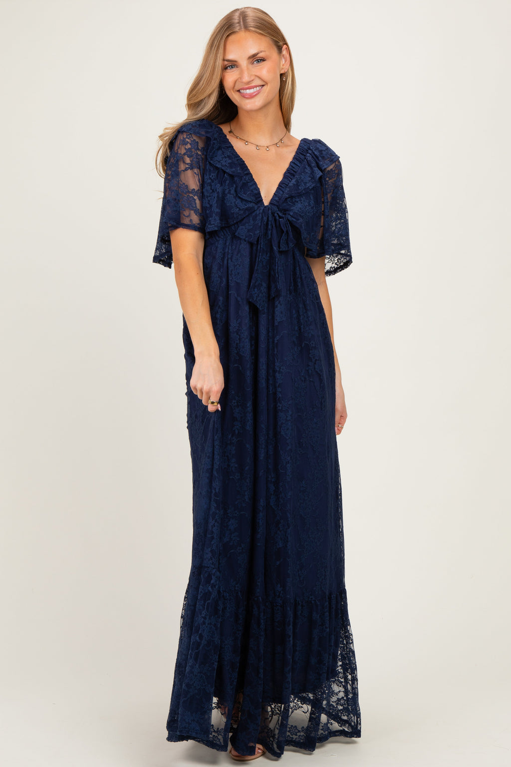 Navy Lace Flutter Sleeve Tiered Maternity Maxi Dress