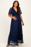 Navy Lace Flutter Sleeve Tiered Maternity Maxi Dress