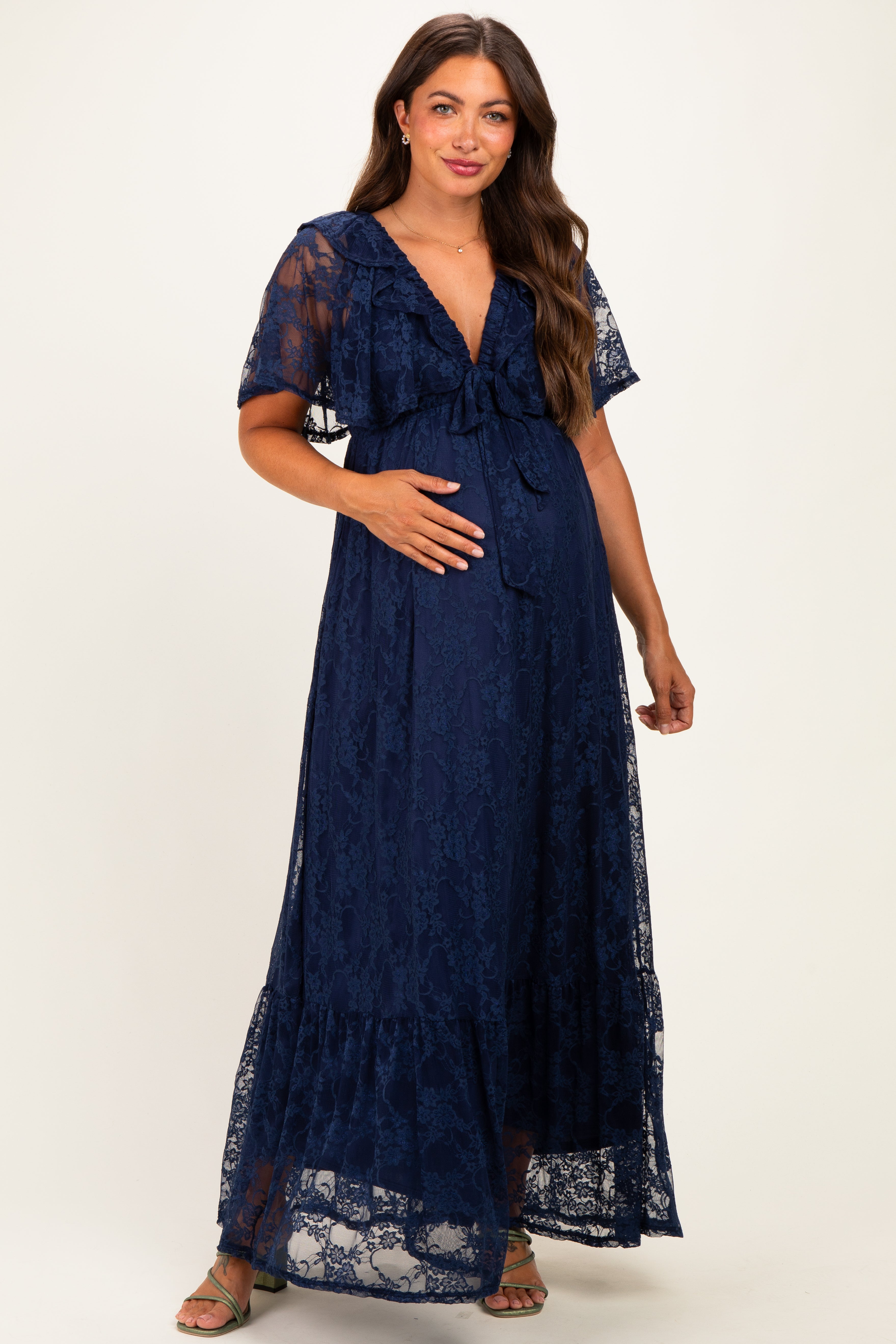 Navy Lace Flutter Sleeve Tiered Maternity Maxi Dress