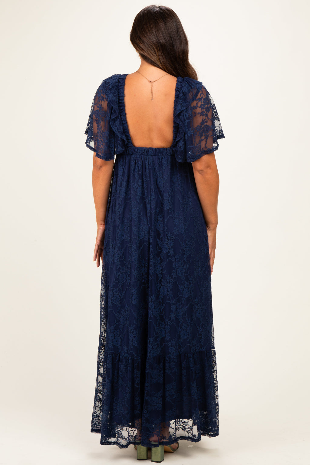 Navy Lace Flutter Sleeve Tiered Maternity Maxi Dress
