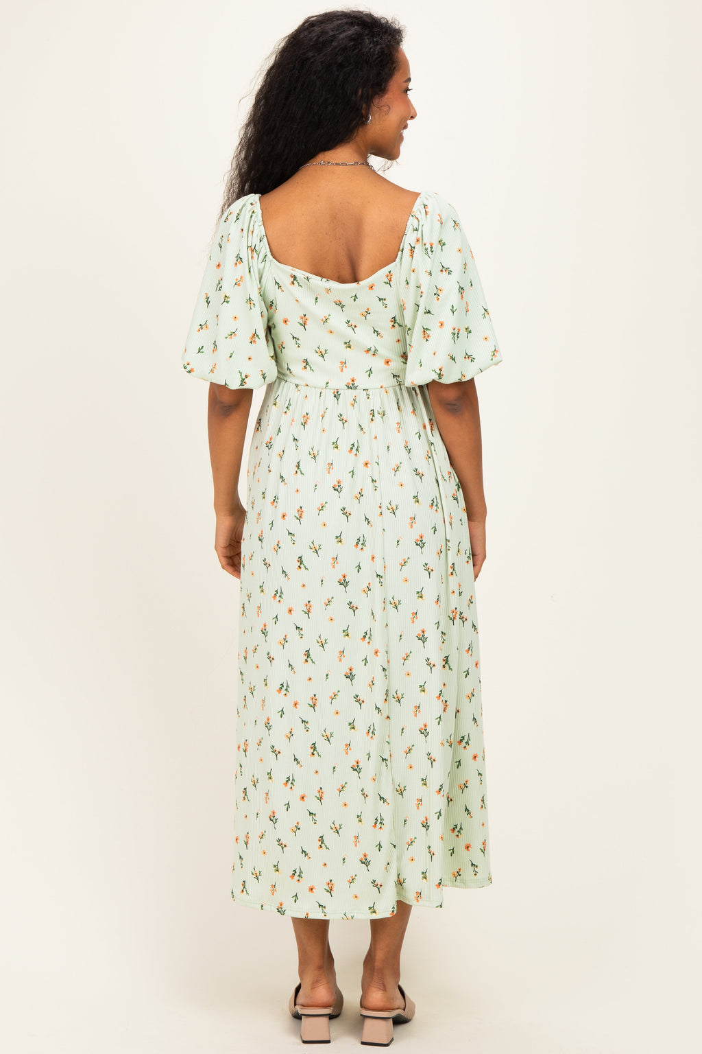 Sage Floral Square Neck Puff Sleeve Maternity Dress