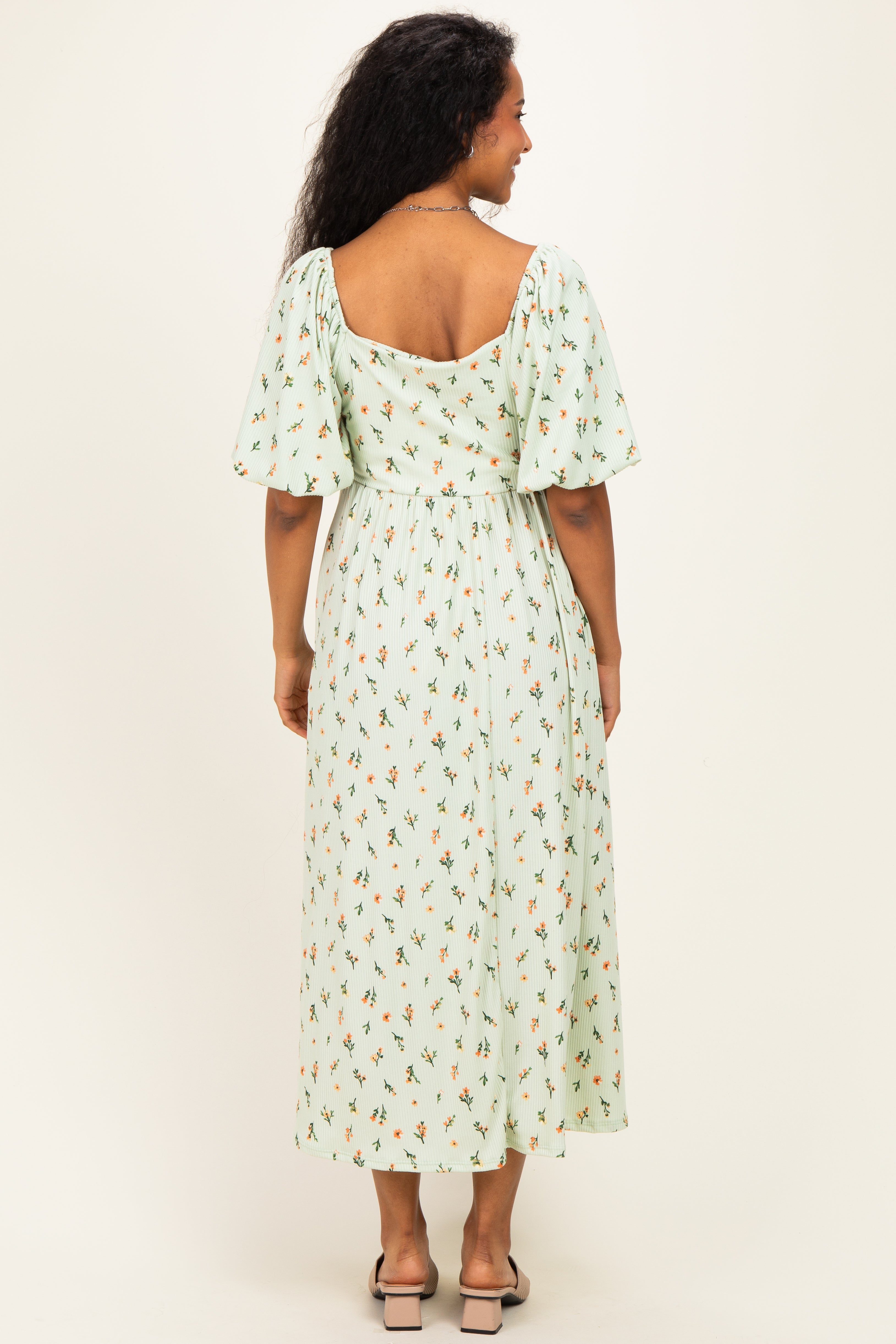 Sage Floral Square Neck Puff Sleeve Maternity Dress
