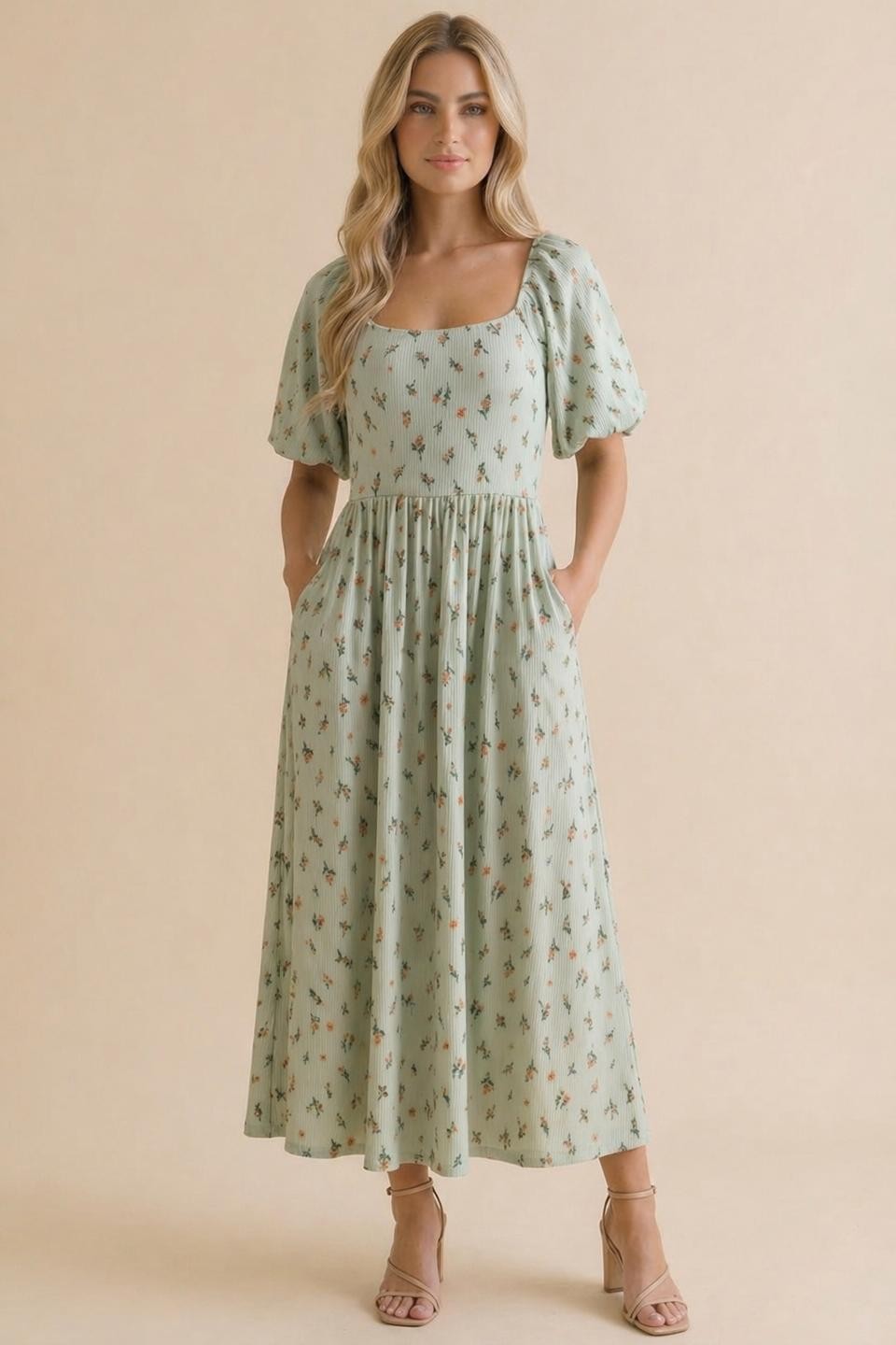 Sage Floral Square Neck Puff Sleeve Maternity Dress
