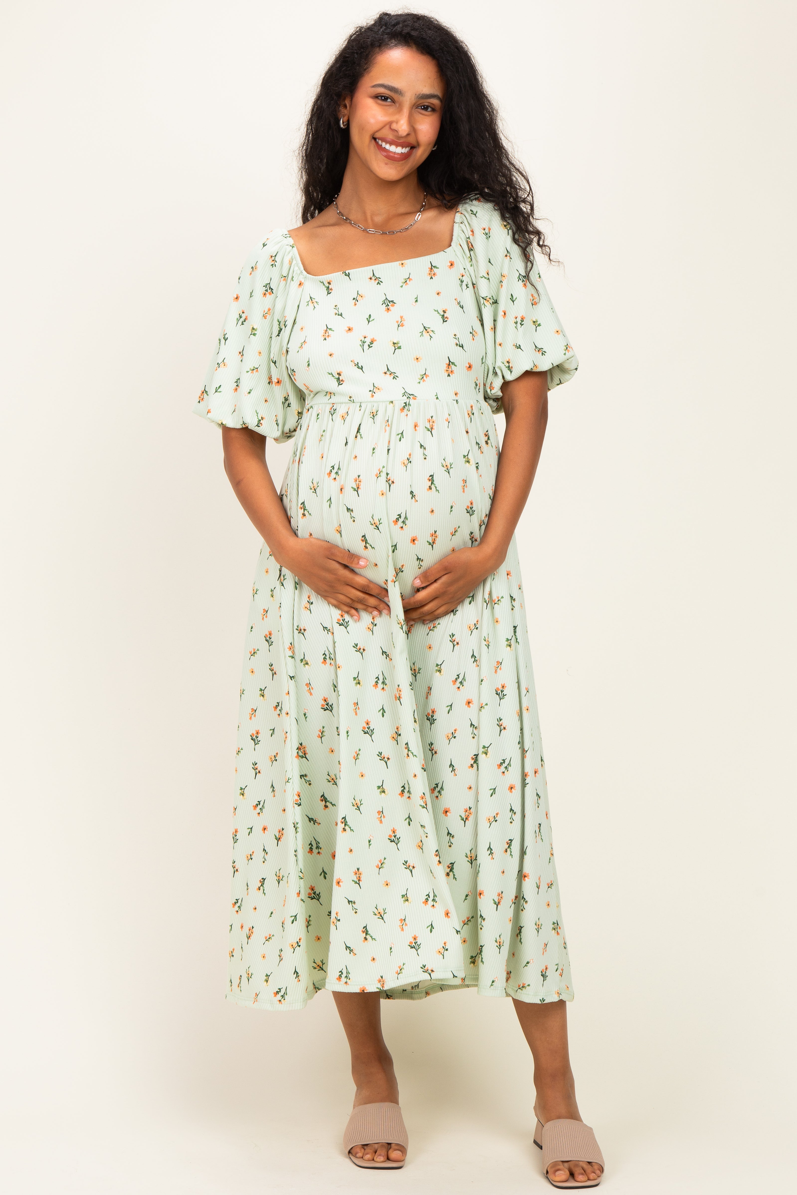 Sage Floral Square Neck Puff Sleeve Maternity Dress