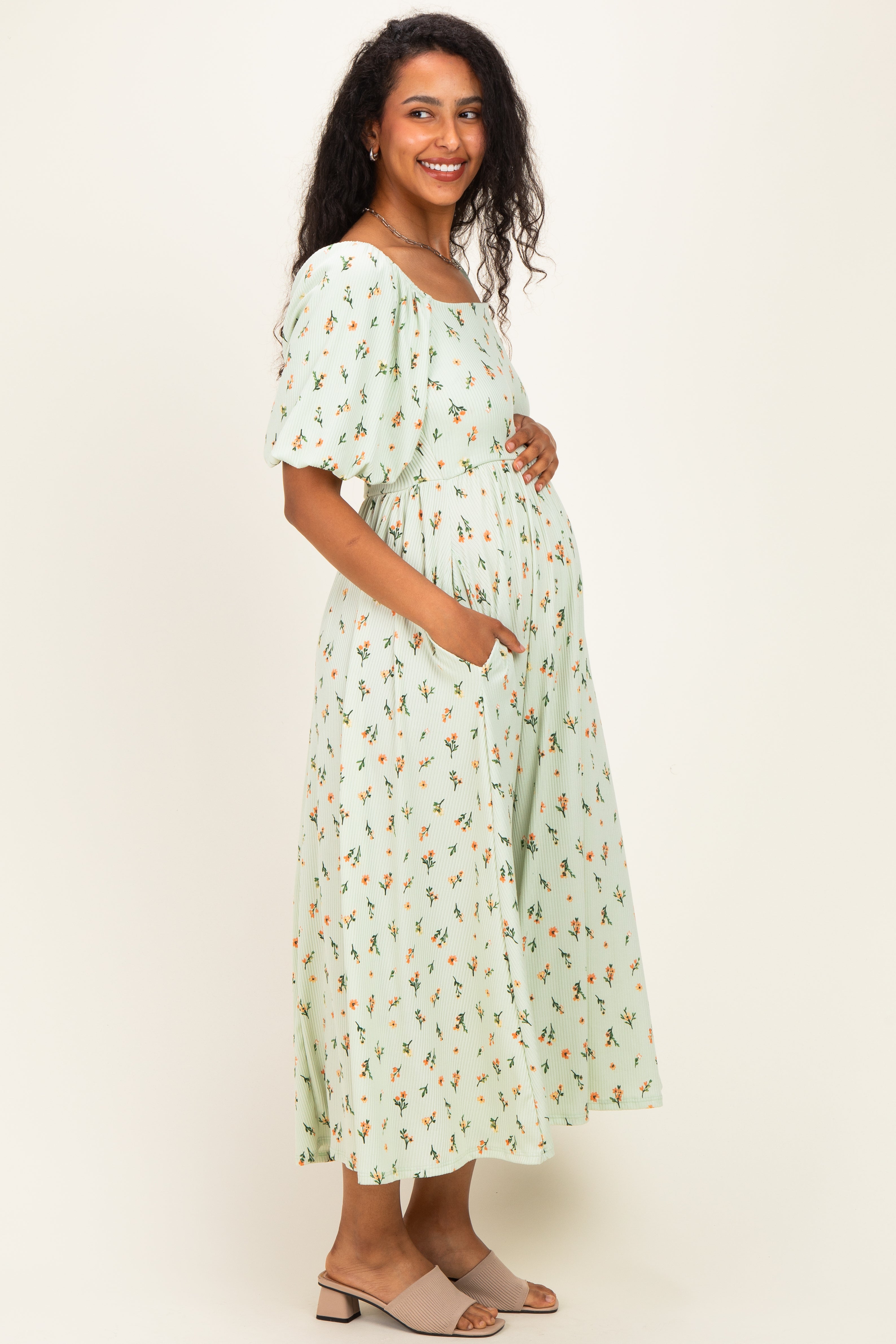 Sage Floral Square Neck Puff Sleeve Maternity Dress