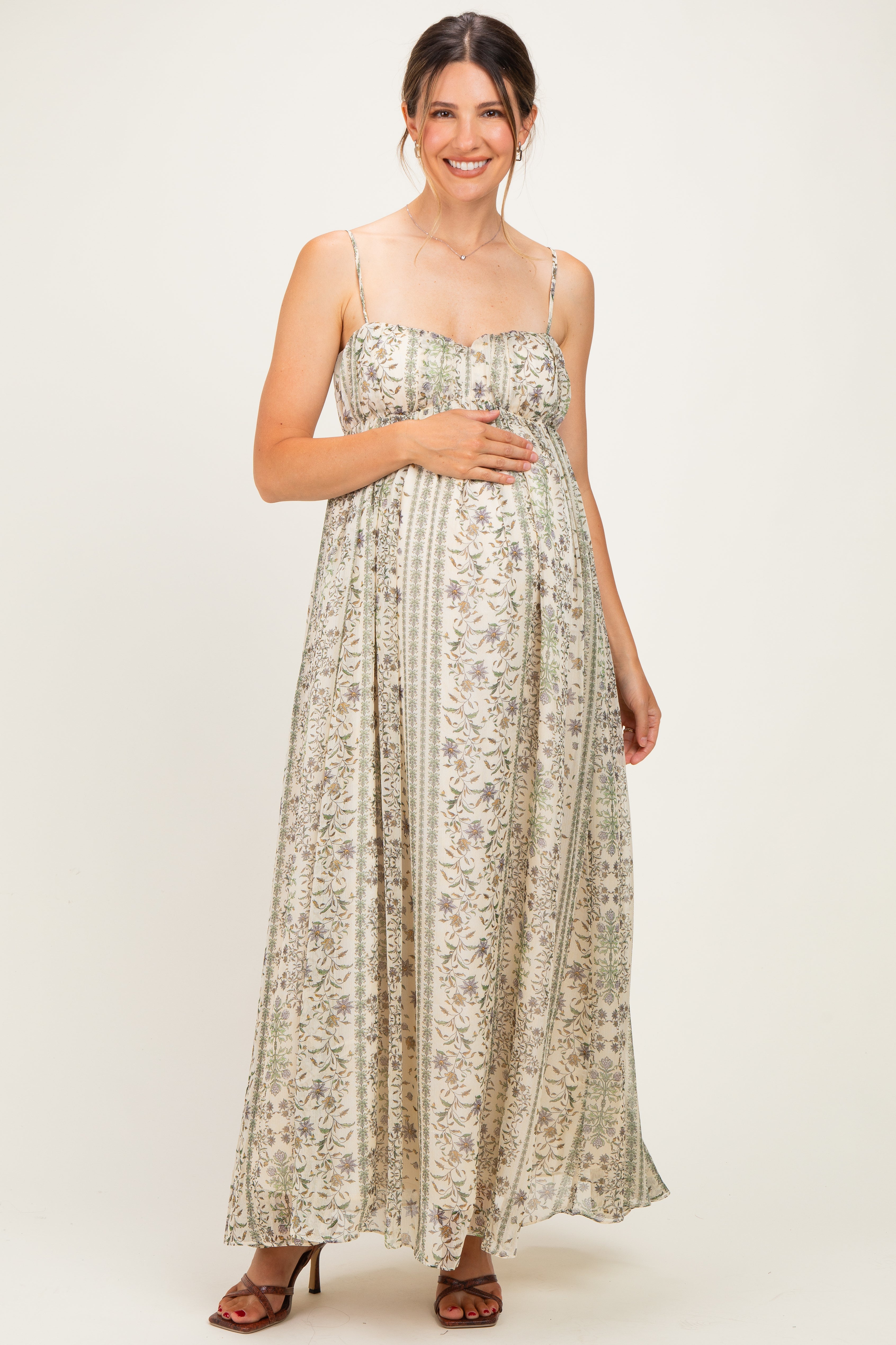 Cream Floral Empire Waist Sleeveless Maternity Midi Dress