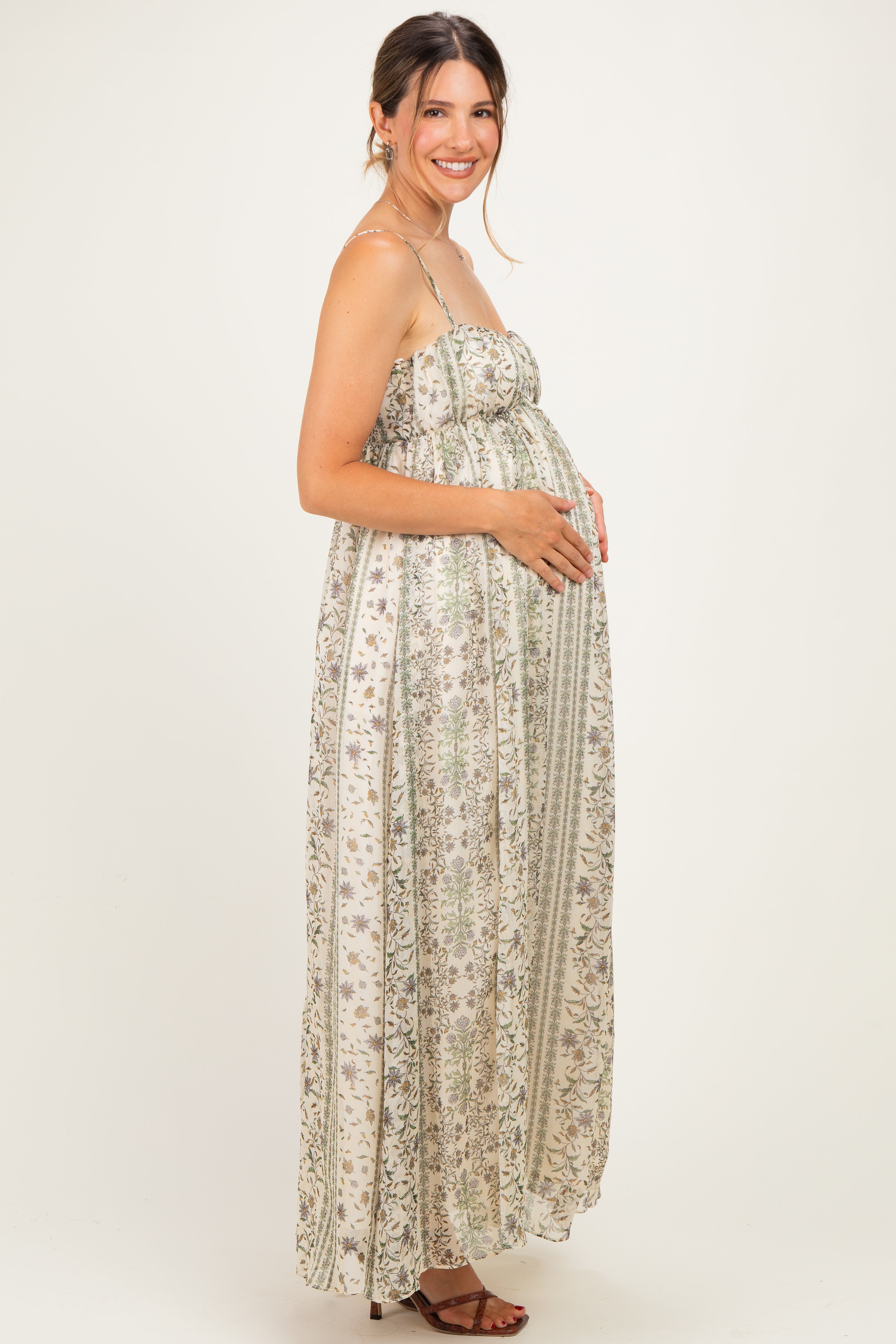 Cream Floral Empire Waist Sleeveless Maternity Midi Dress