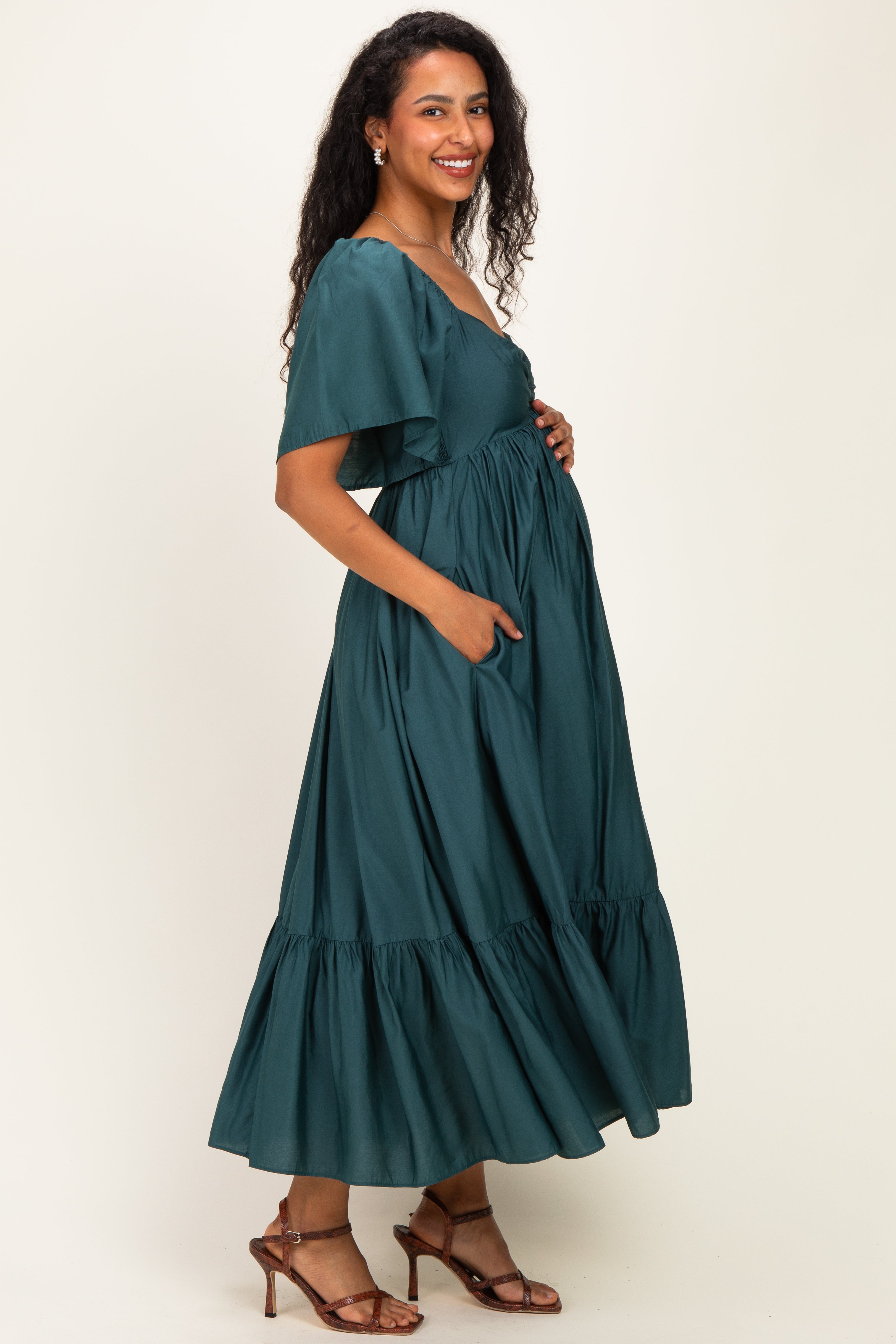 Emerald Flutter Sleeve Ruffle Hem Maternity Midi Dress