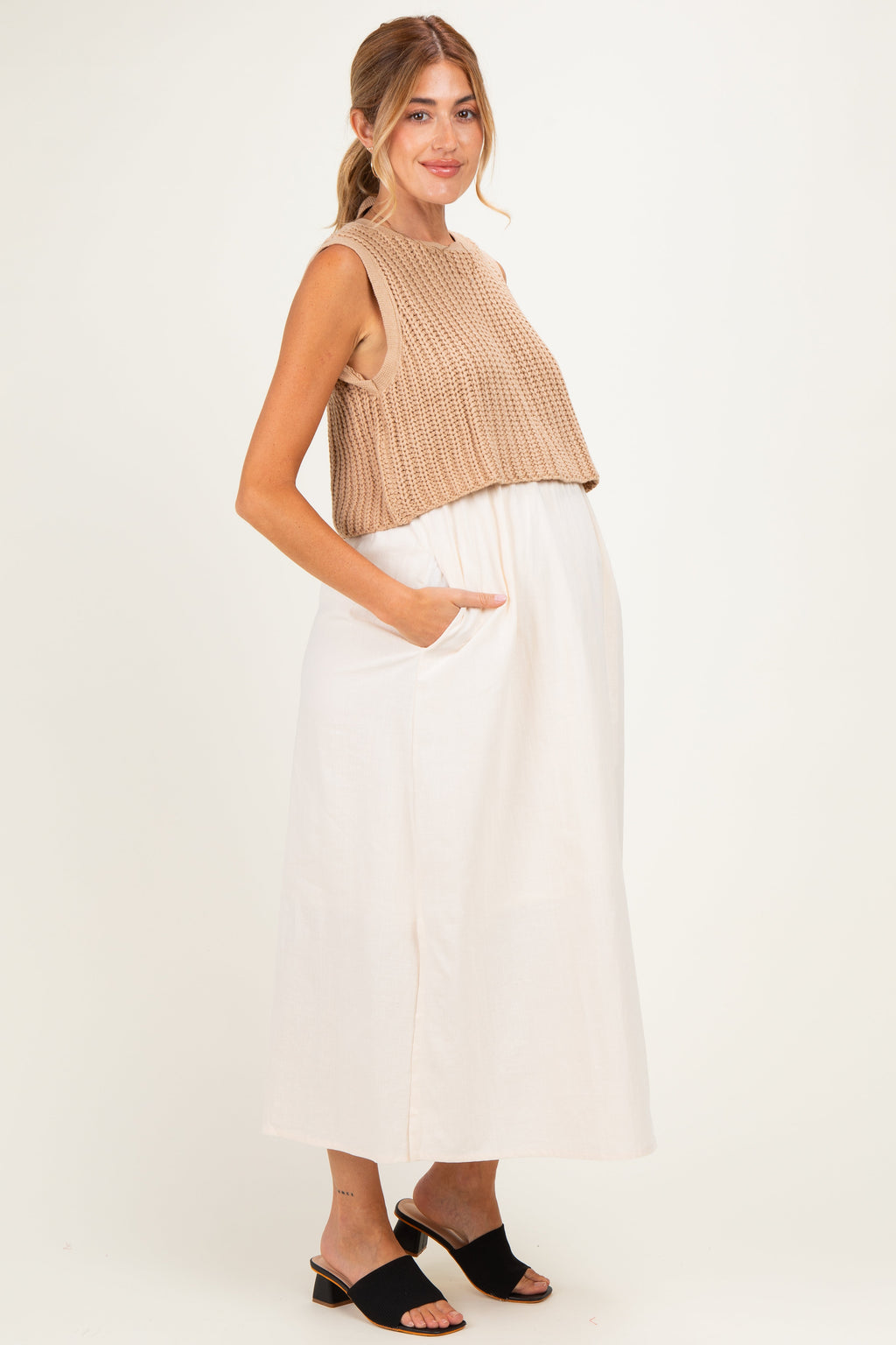 Mocha/ Cream Sleeveless Sweater Top Colorblock Maternity Midi Dress