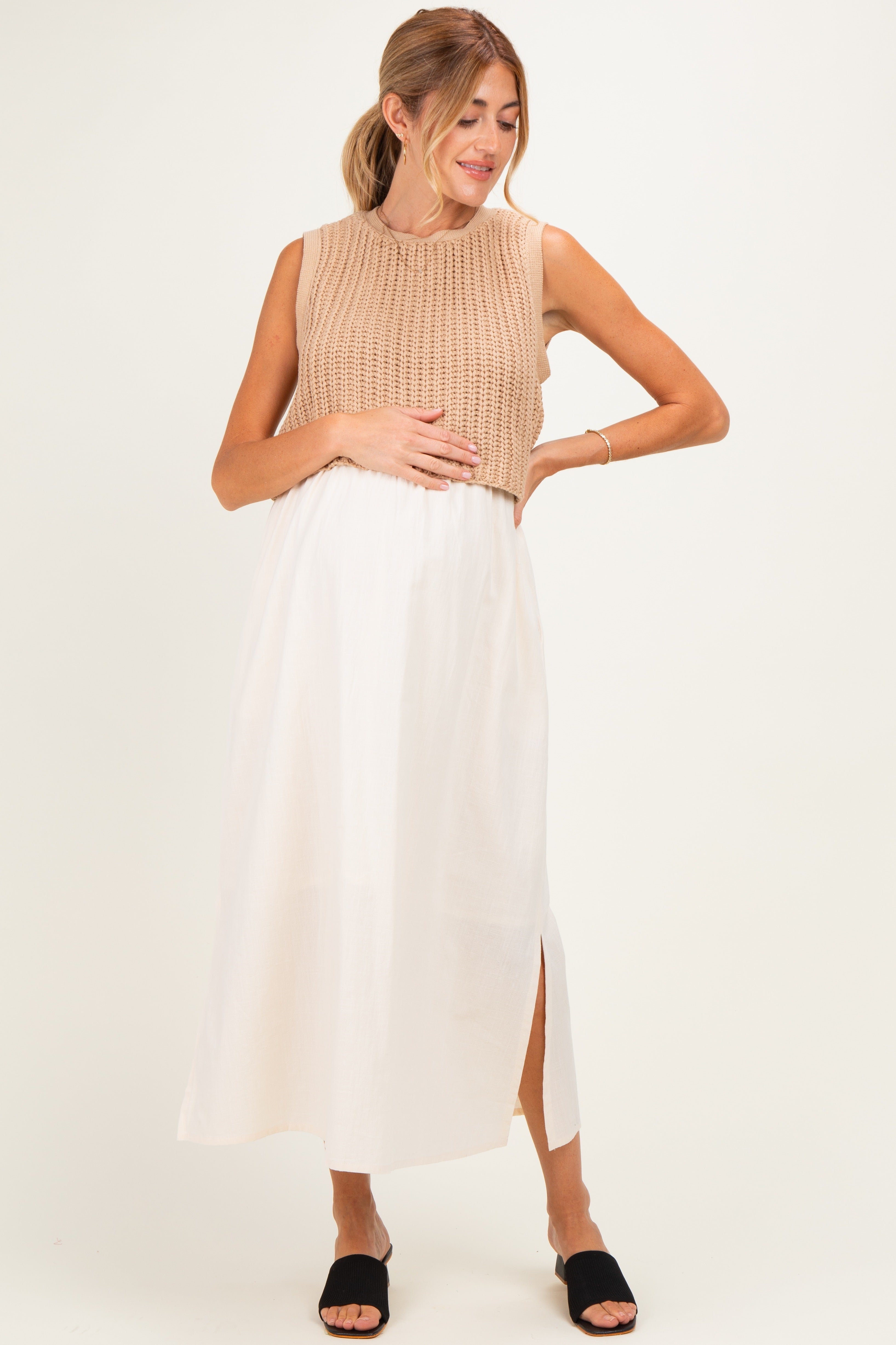 Mocha/ Cream Sleeveless Sweater Top Colorblock Maternity Midi Dress