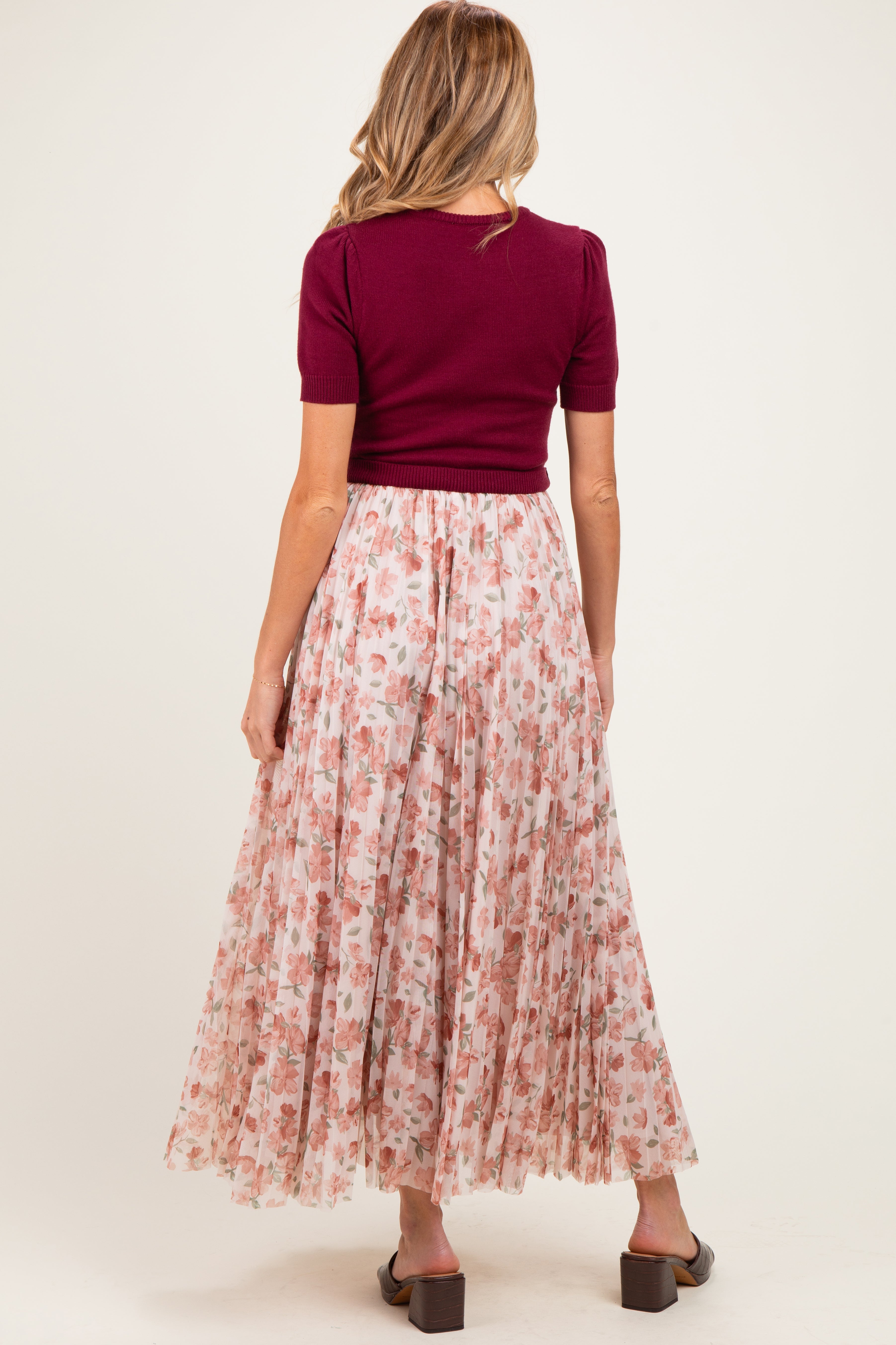 Burgundy Knit Top Pleated Floral Skirt Maternity Maxi Dress