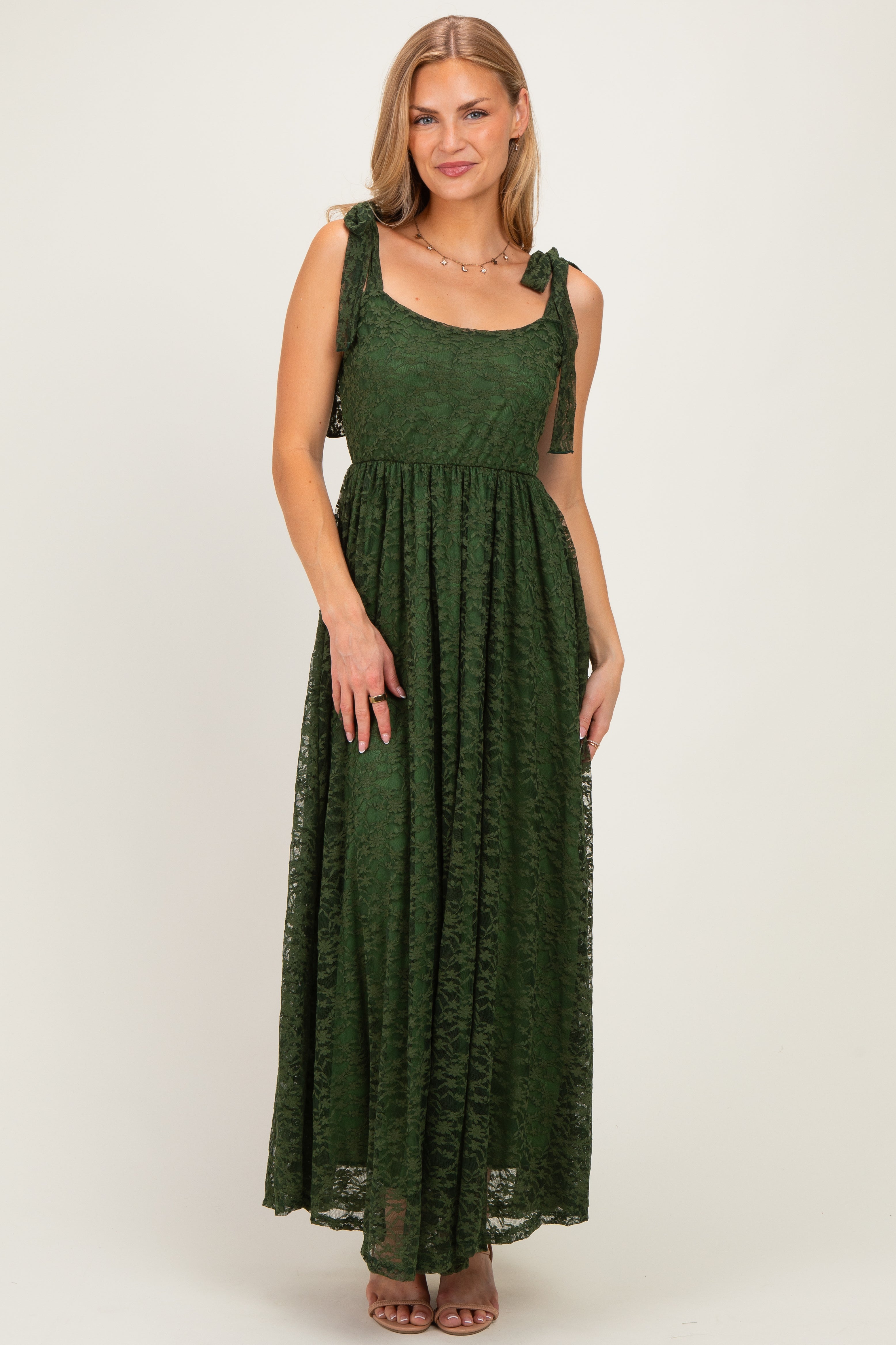 Olive Sleeveless Lace Maternity Maxi Dress