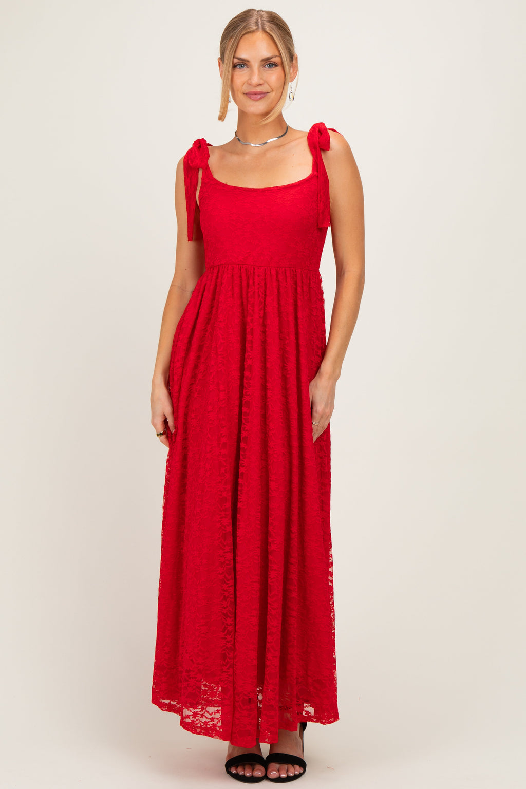 Red Sleeveless Lace Maternity Maxi Dress