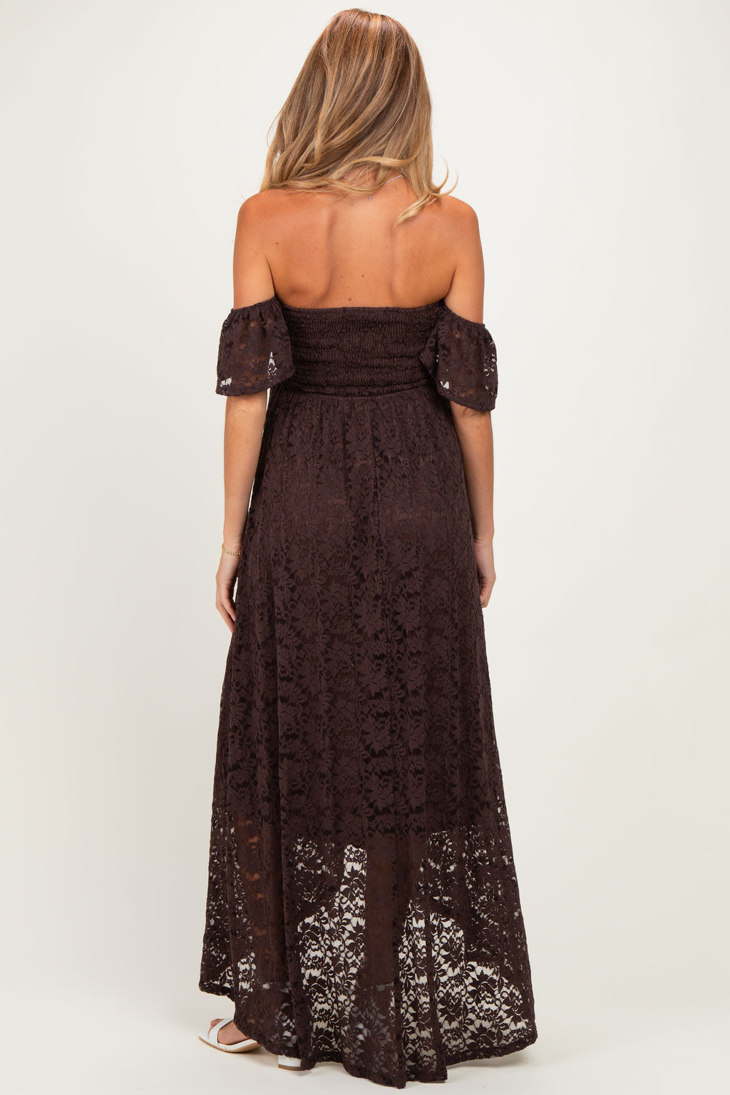 Brown Lace Off Shoulder Maternity Maxi Dress