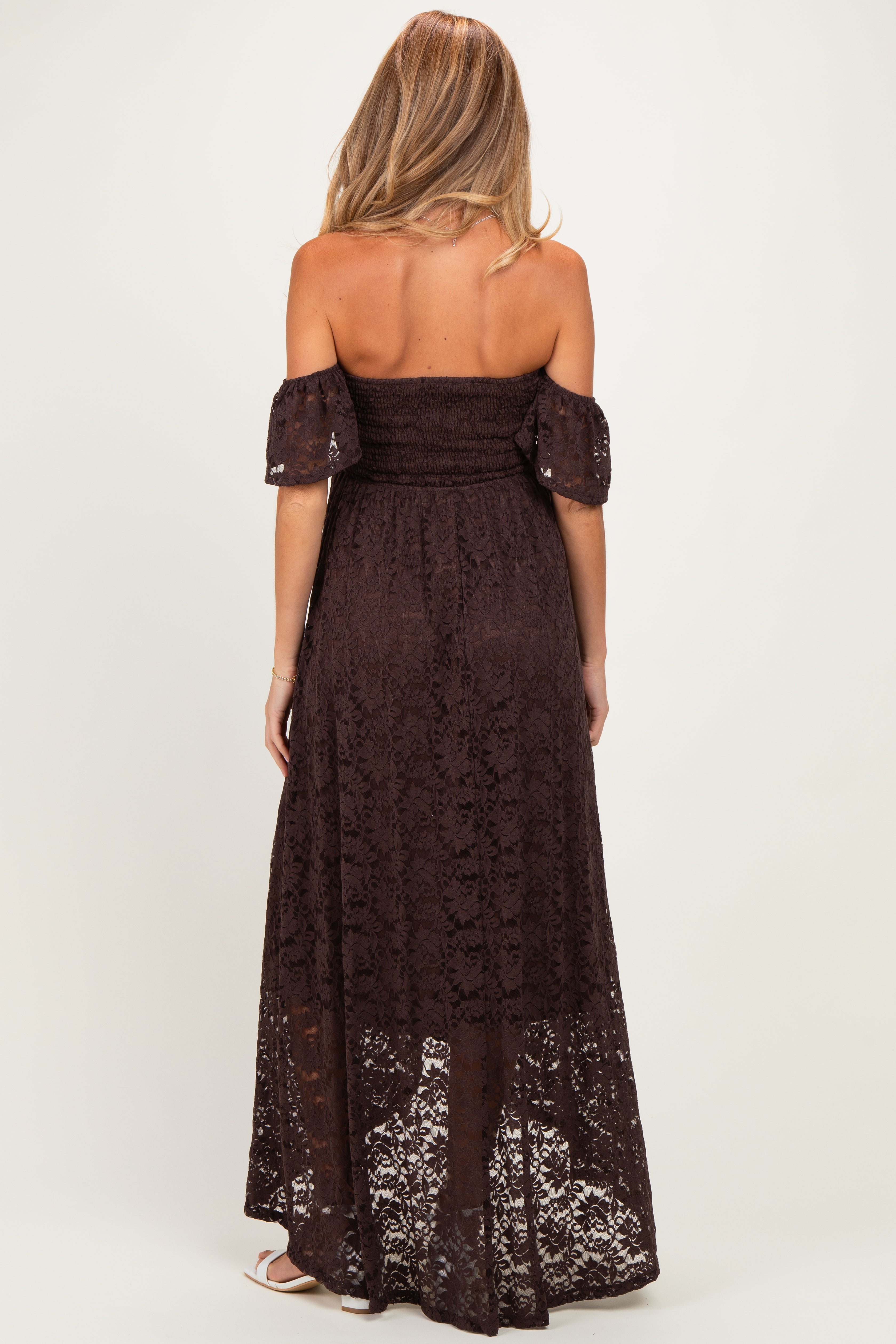 Brown Lace Off Shoulder Maternity Maxi Dress