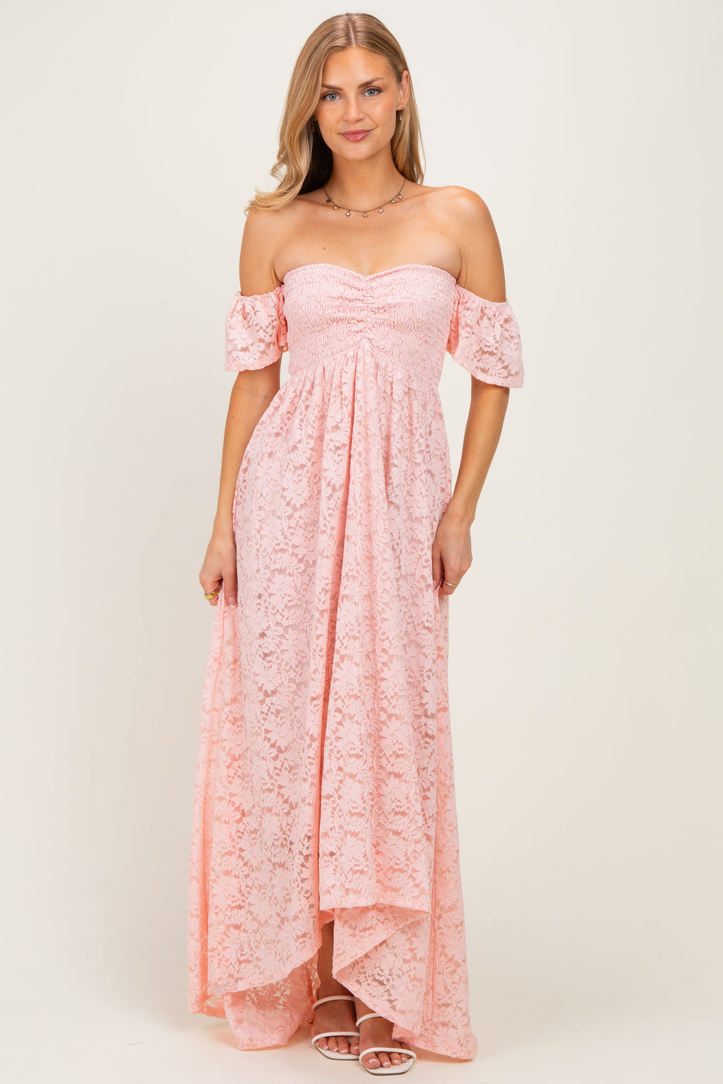 Light Pink Lace Off Shoulder Maternity Maxi Dress