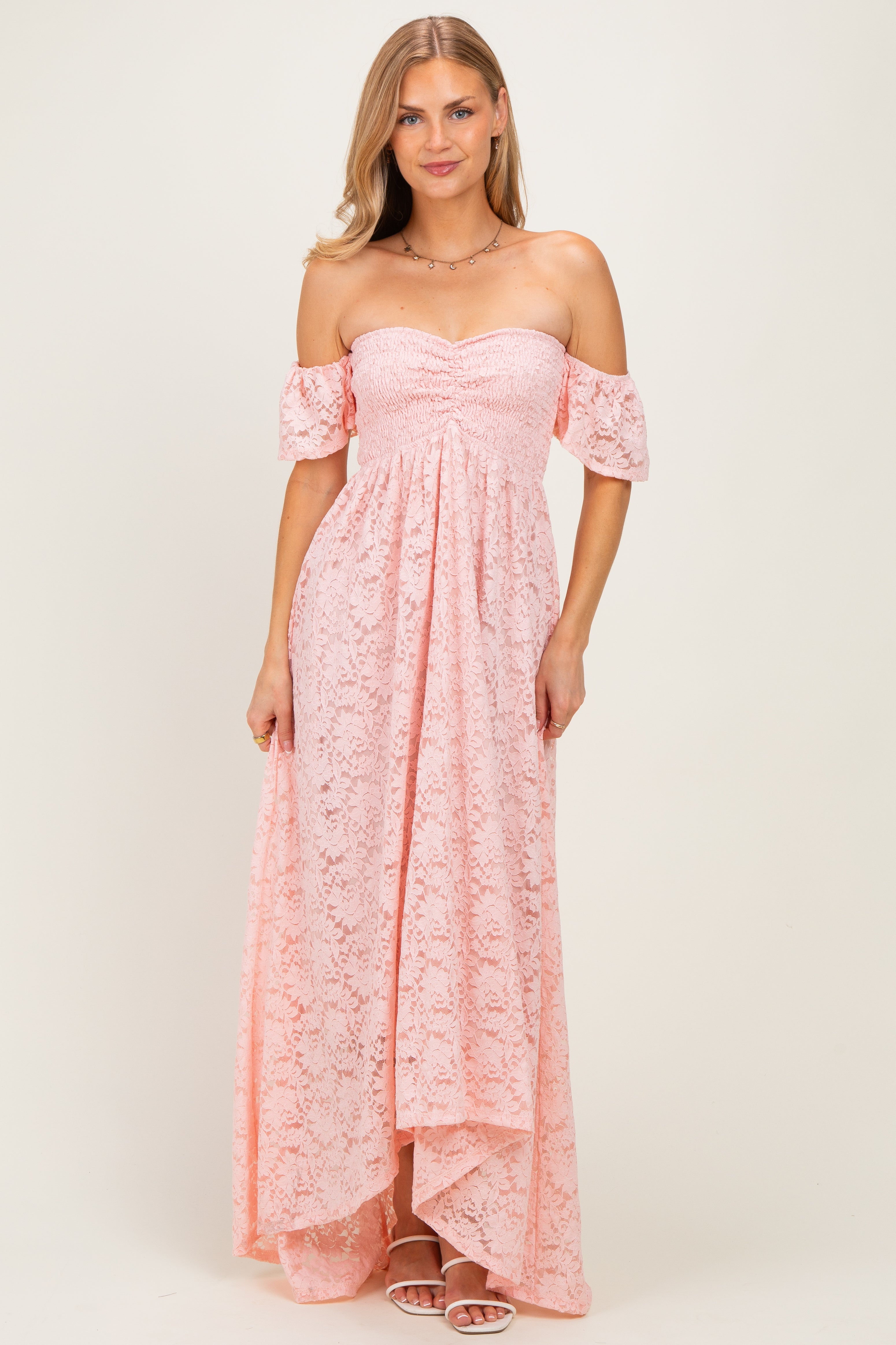 Light Pink Lace Off Shoulder Maternity Maxi Dress