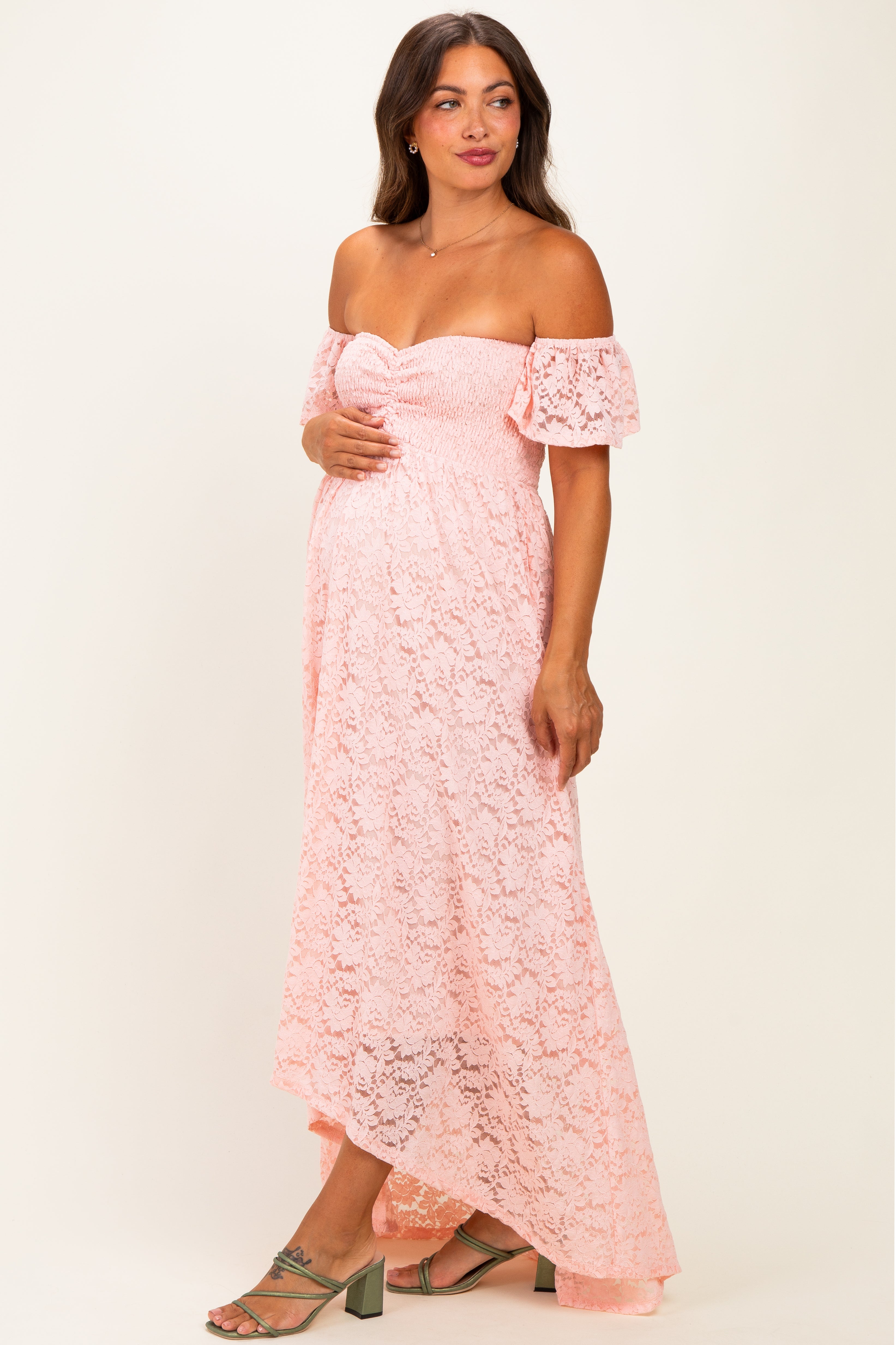 Light Pink Lace Off Shoulder Maternity Maxi Dress