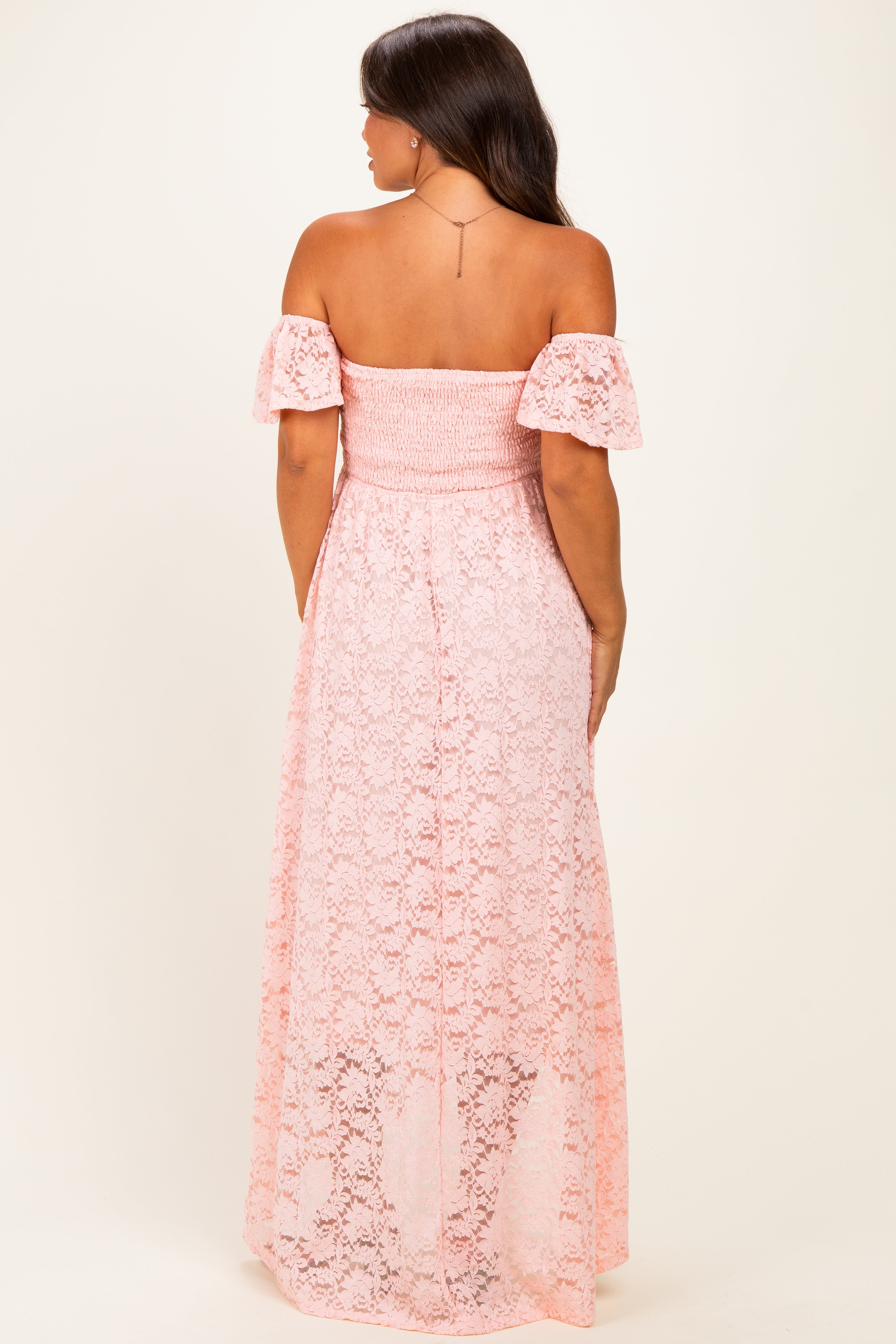 Light Pink Lace Off Shoulder Maternity Maxi Dress
