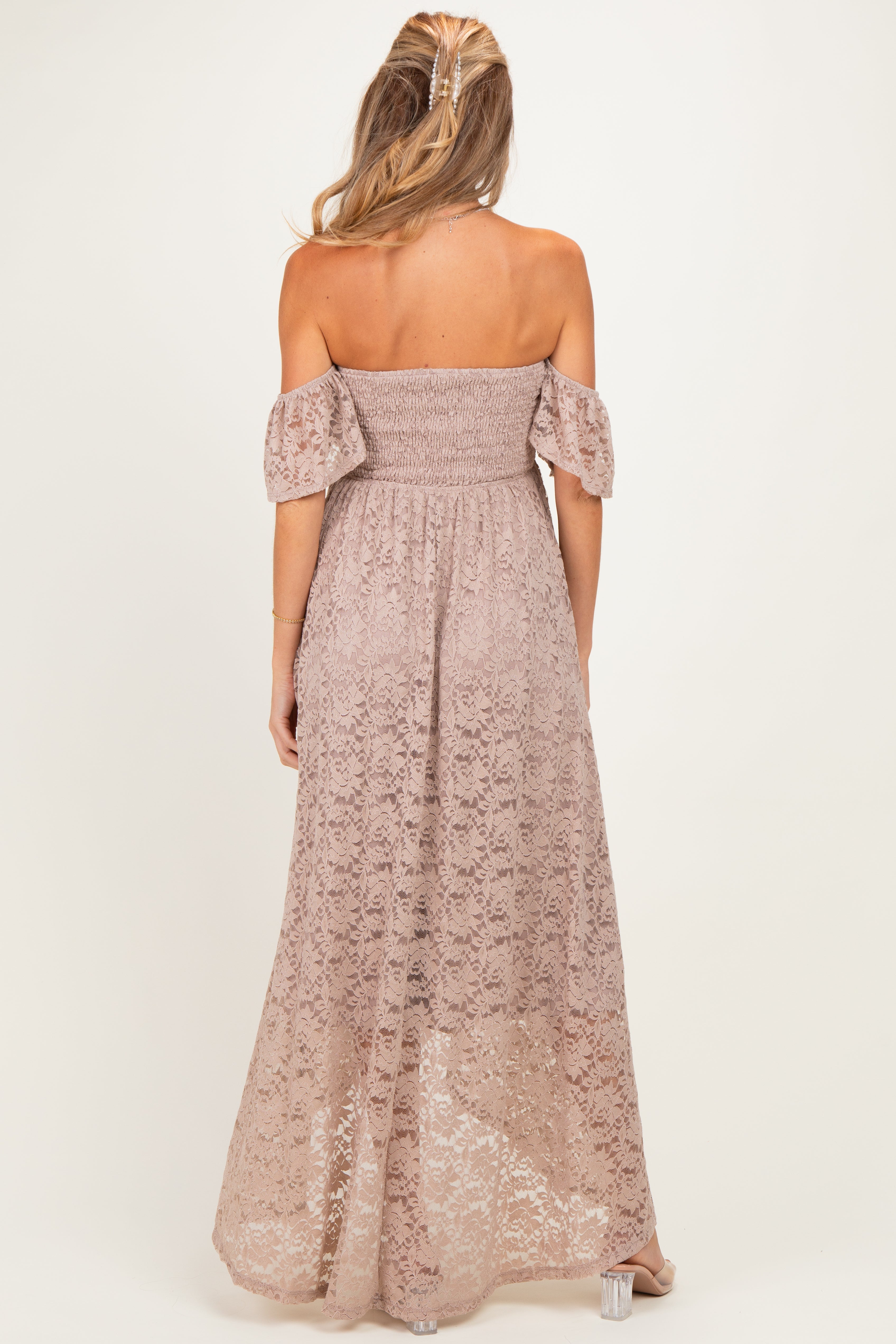 Mocha Lace Off Shoulder Maternity Maxi Dress