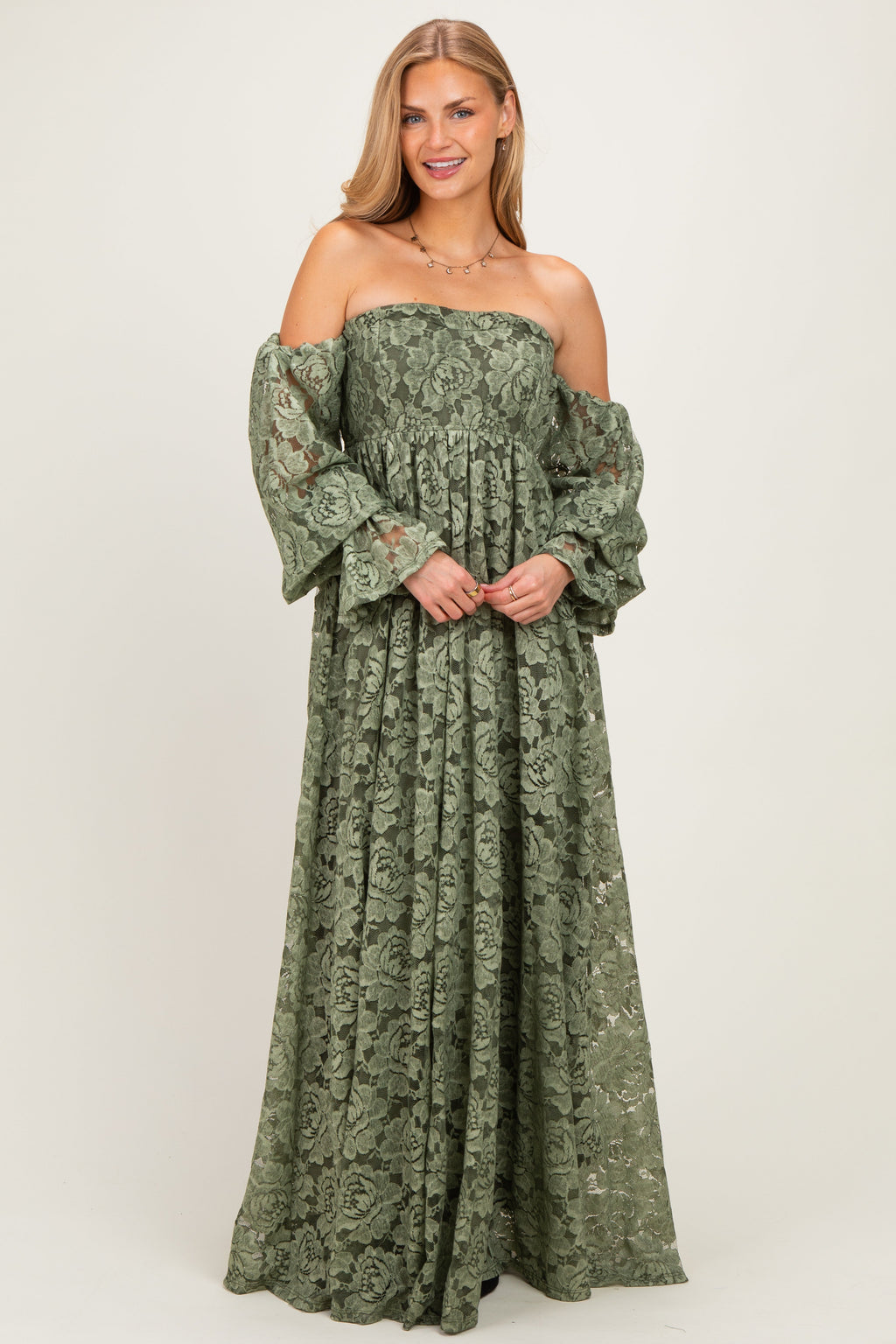 Olive Lace Off Shoulder Long Sleeve Maternity Maxi Dress