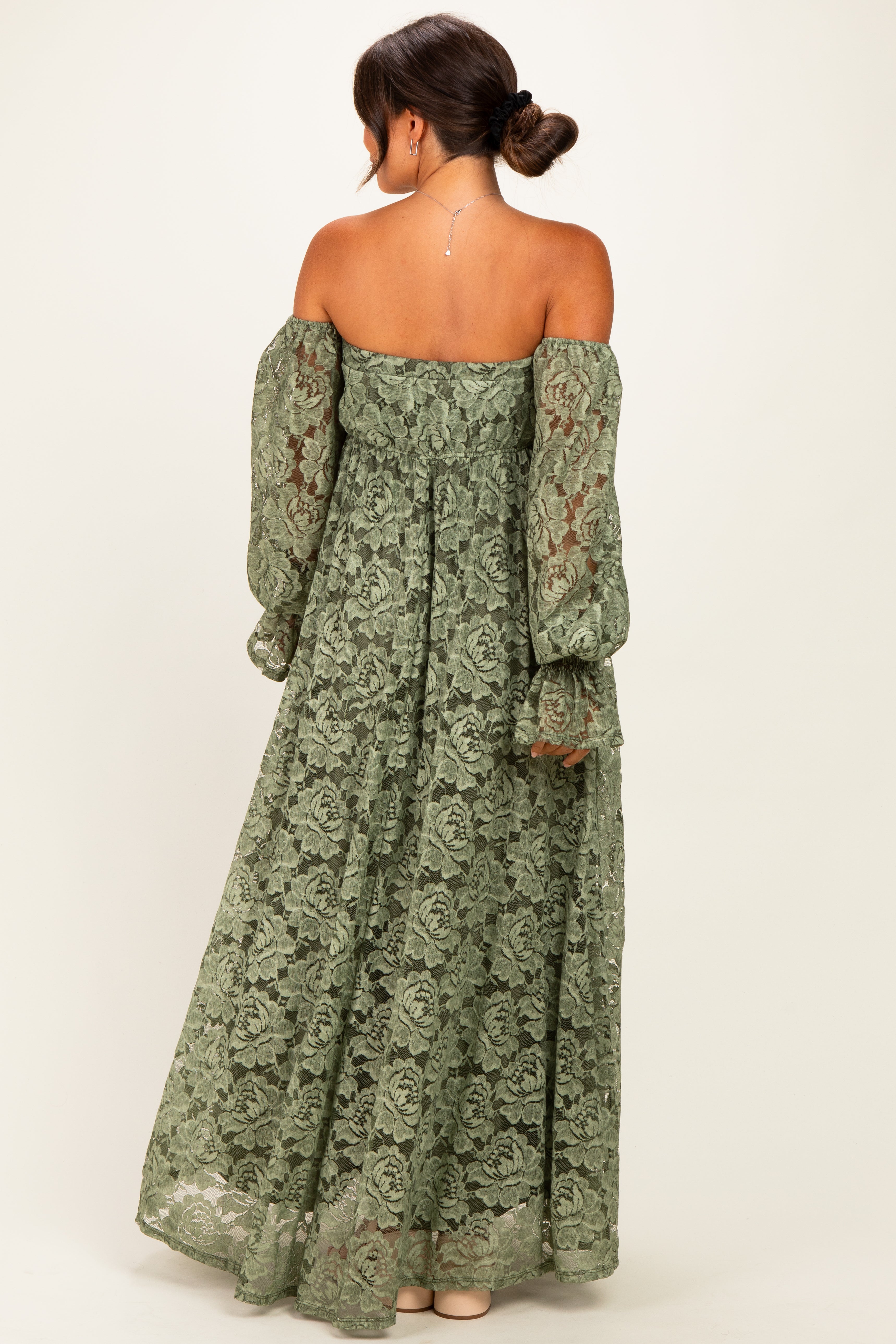 Olive Lace Off Shoulder Long Sleeve Maternity Maxi Dress