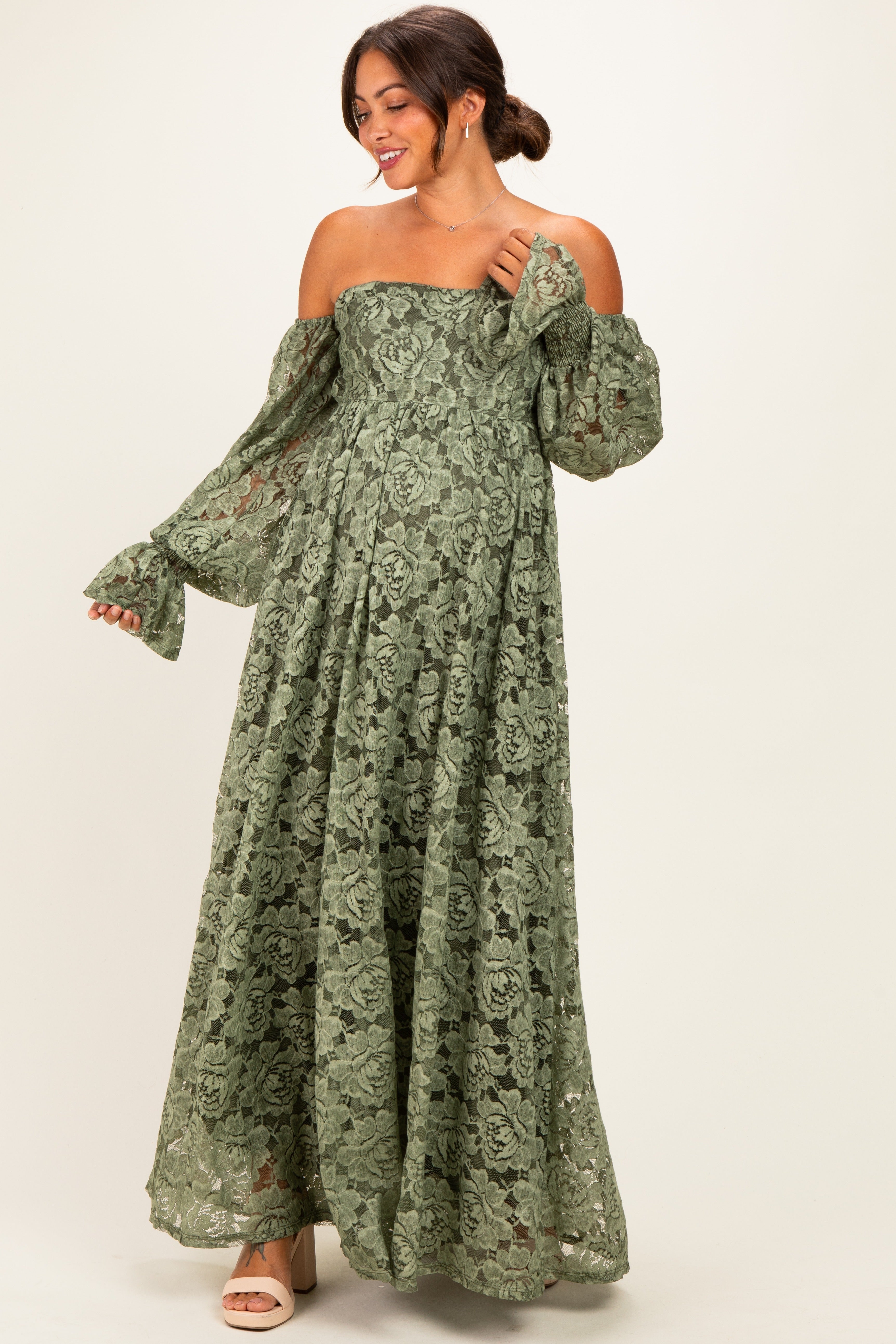 Olive Lace Off Shoulder Long Sleeve Maternity Maxi Dress