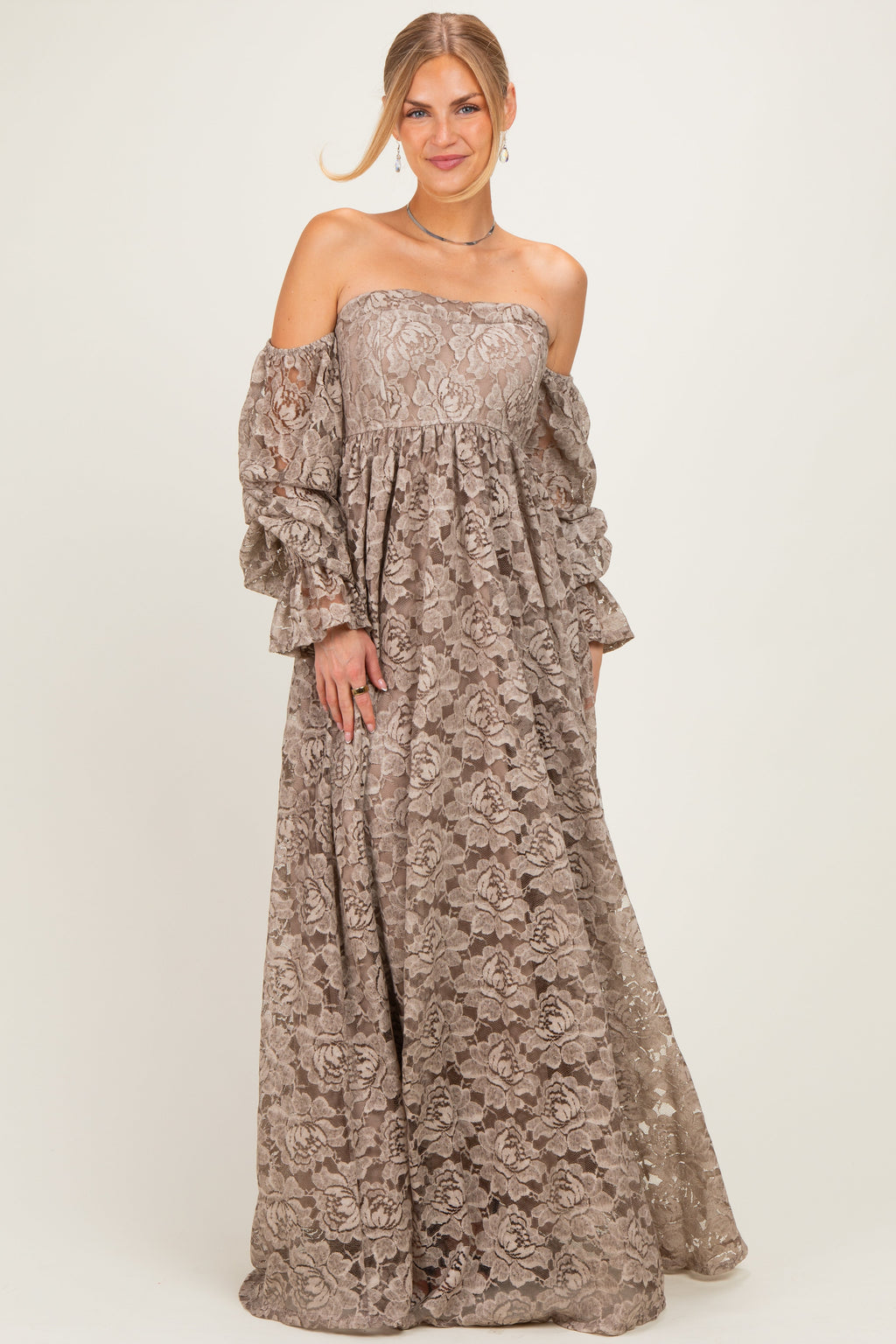 Mocha Lace Off Shoulder Long Sleeve Maternity Maxi Dress