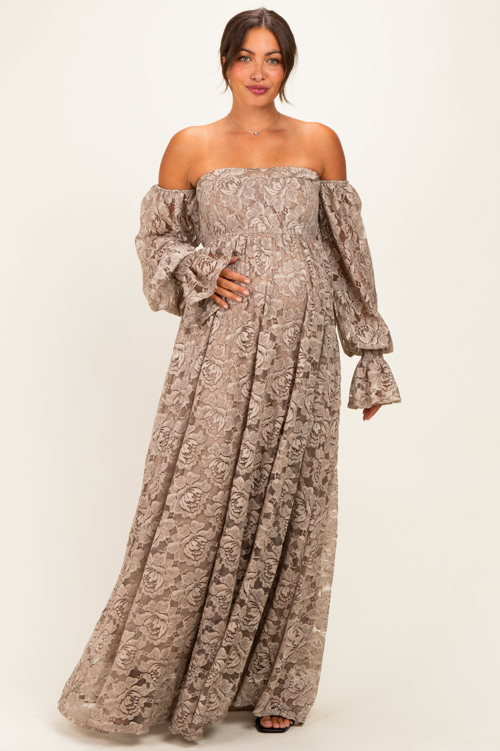Mocha Lace Off Shoulder Long Sleeve Maternity Maxi Dress
