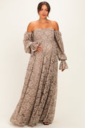 Mocha Lace Off Shoulder Long Sleeve Maternity Maxi Dress