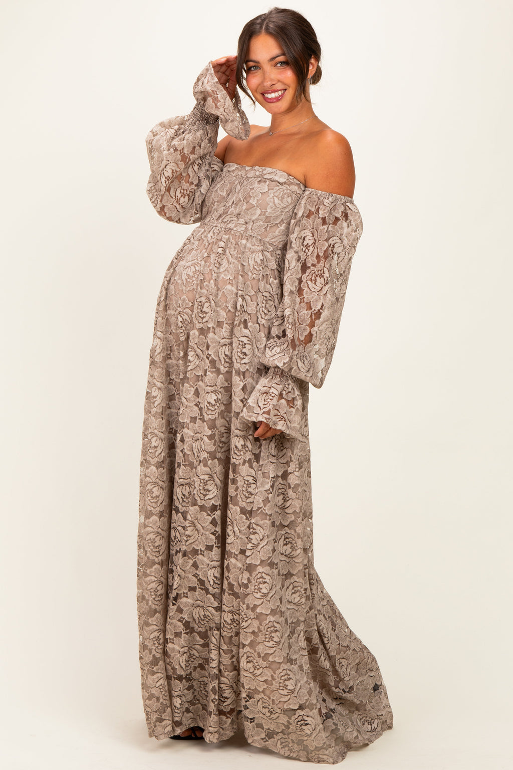 Mocha Lace Off Shoulder Long Sleeve Maternity Maxi Dress