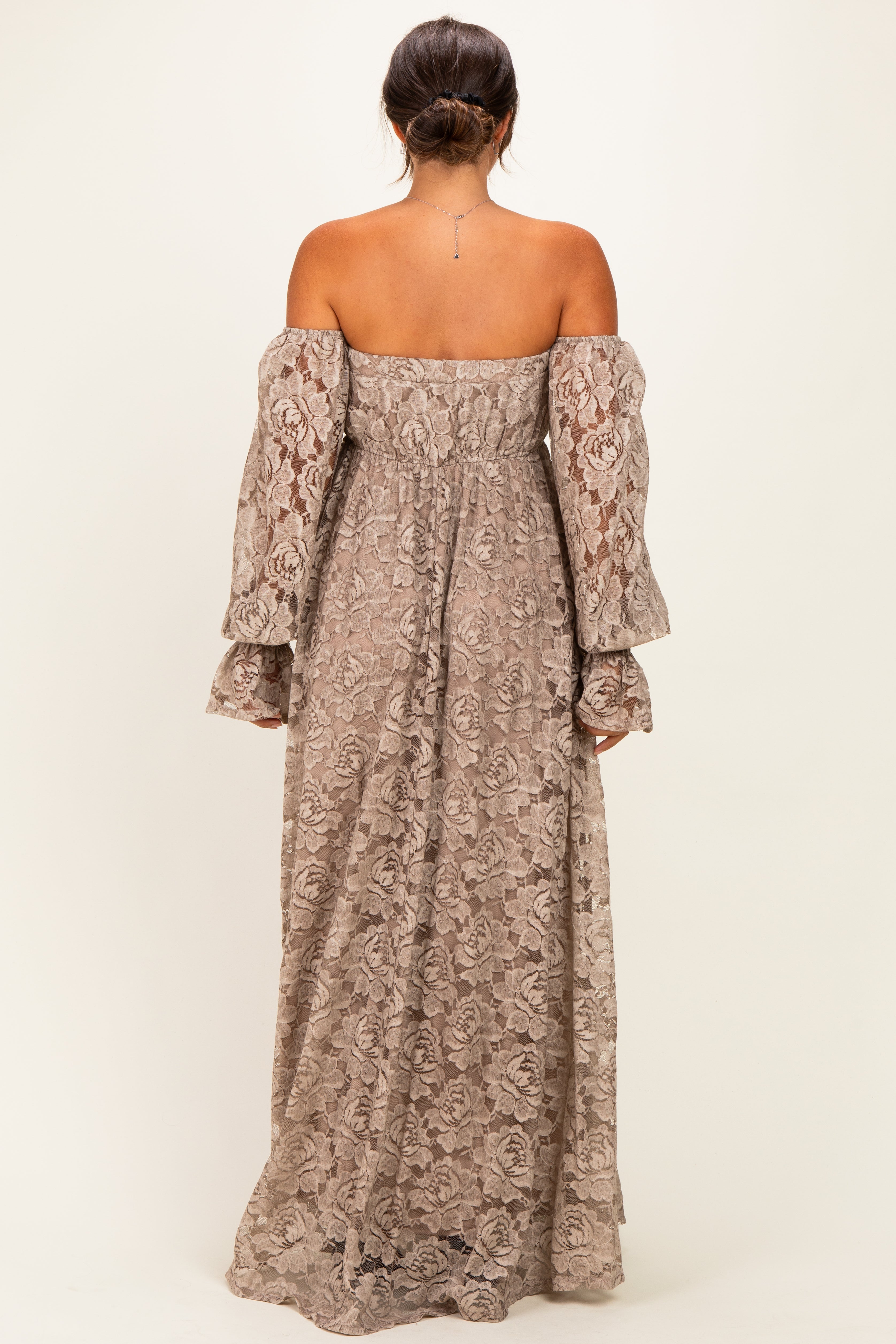 Mocha Lace Off Shoulder Long Sleeve Maternity Maxi Dress