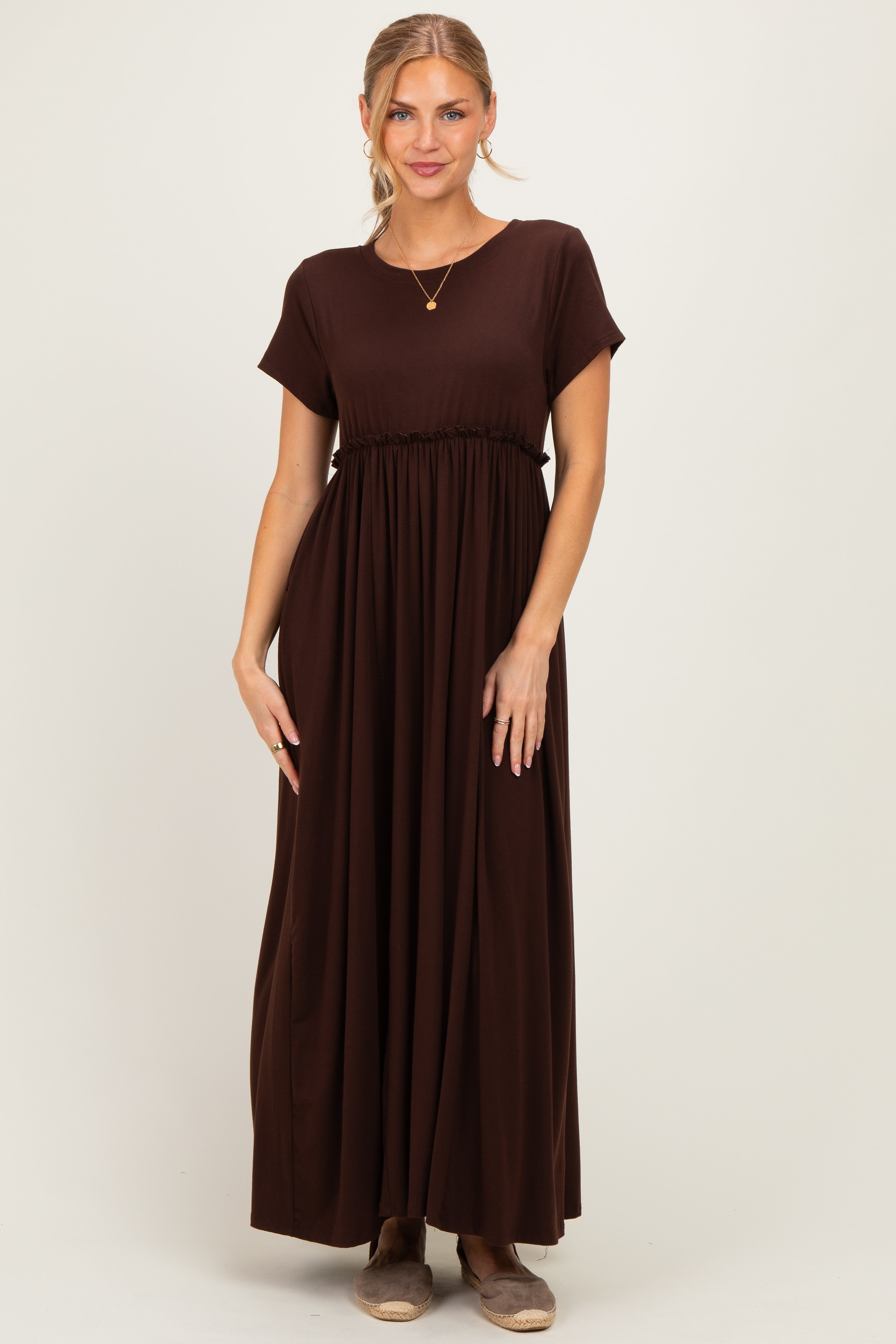 Brown Ruffle Trim Maternity Maxi Dress