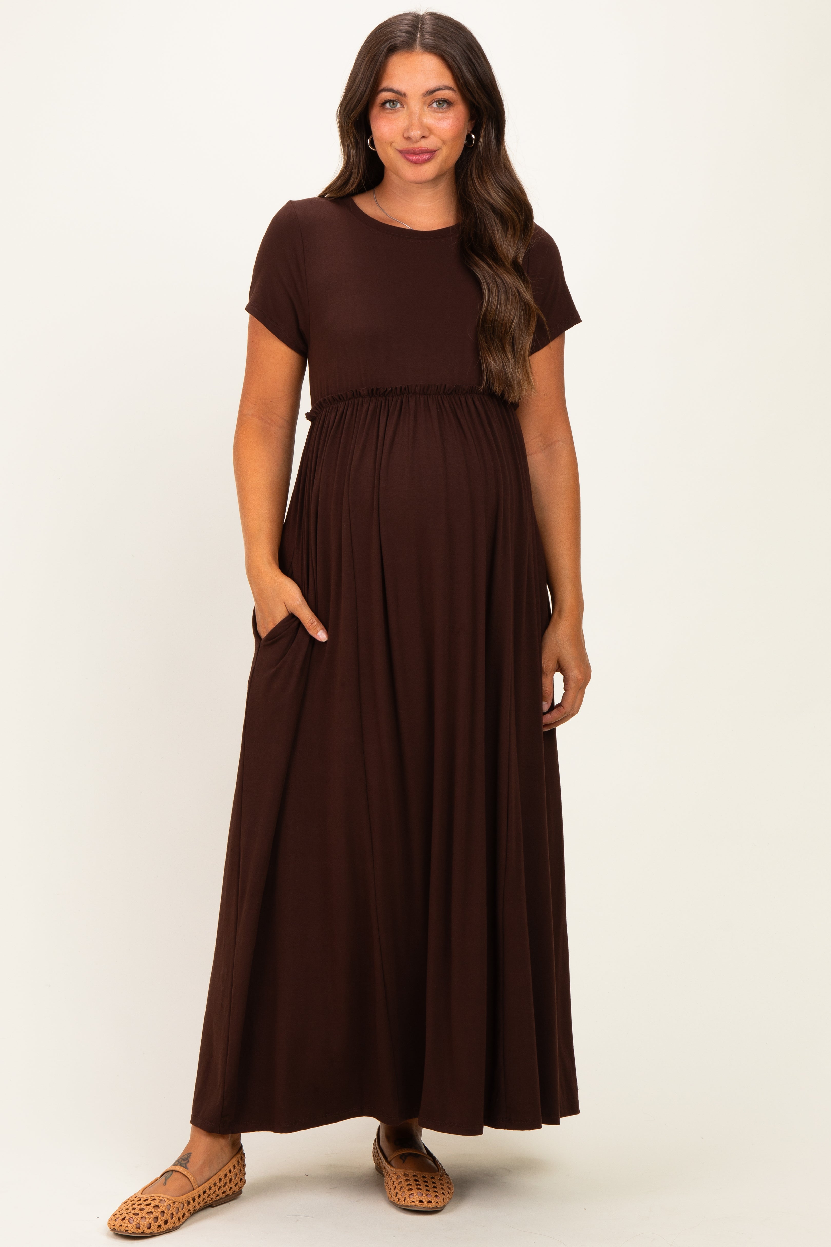 Brown Ruffle Trim Maternity Maxi Dress